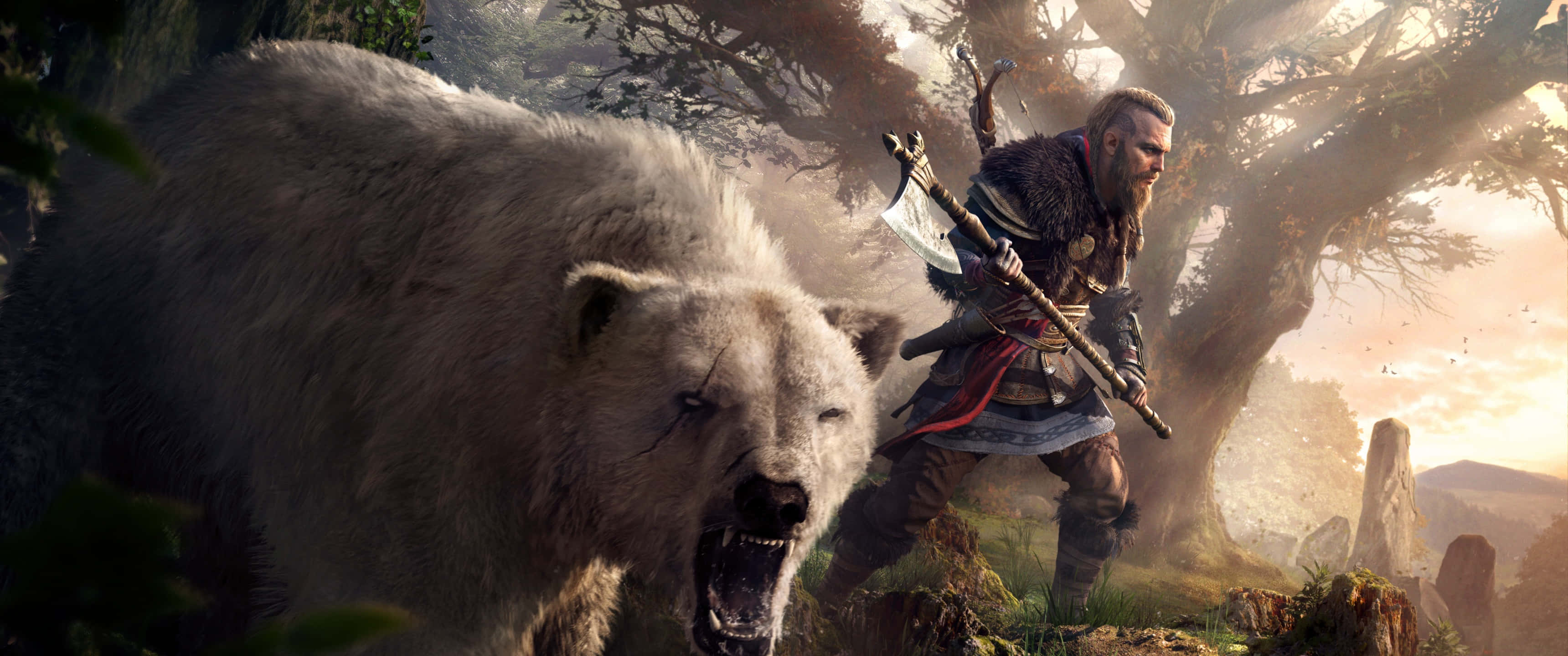 Fondo de Assassin's Creed Odyssey 3440x1440p con Guerrero y Oso Polar Fondos de pantalla
