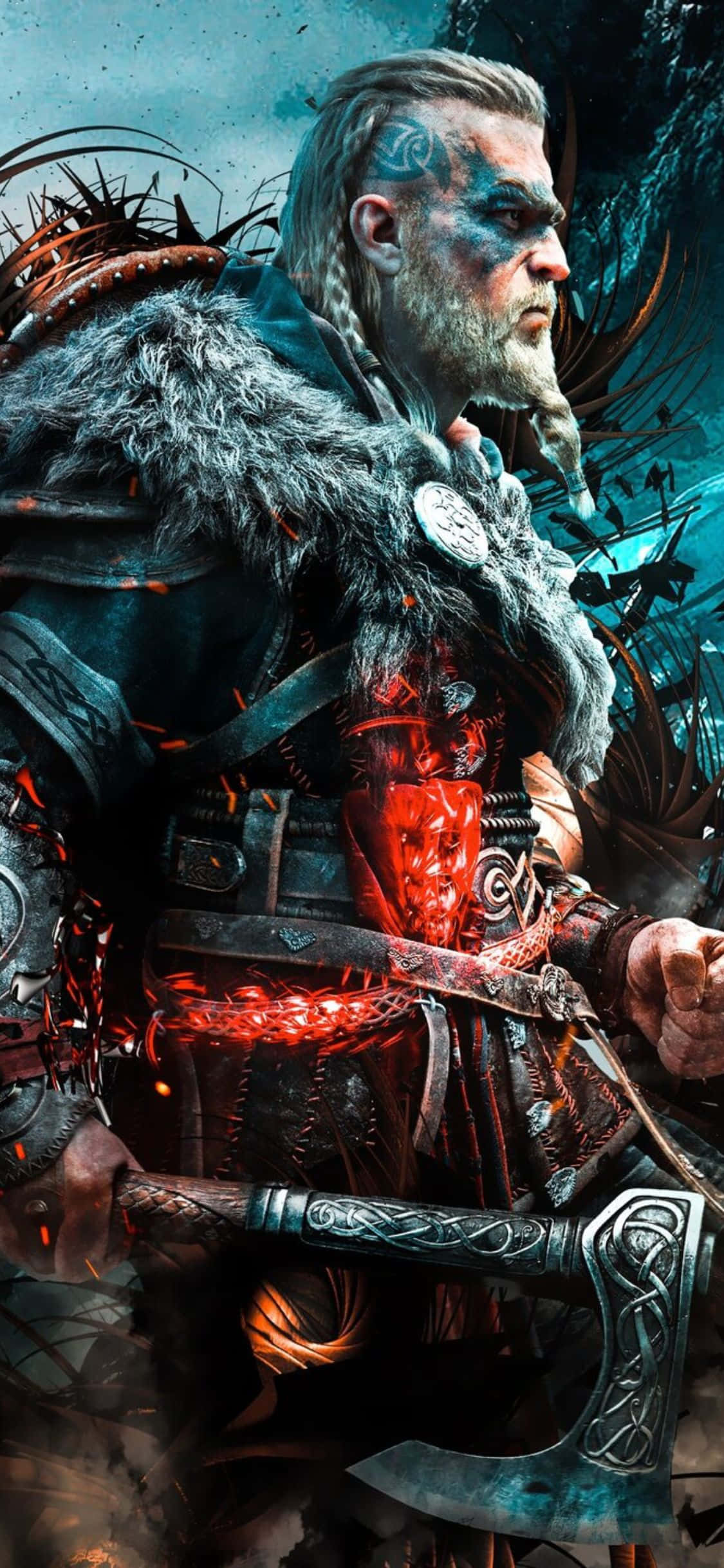 Fondo de Assassin's Creed Valhalla con Eivor y aura roja para iPhone XS Fondos de pantalla