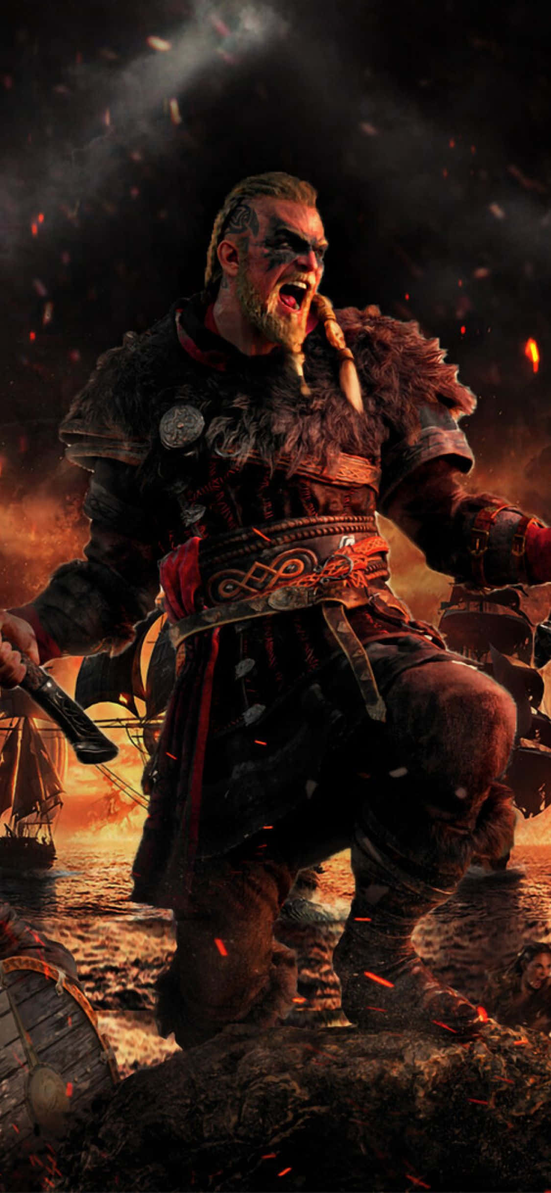 Fondo de Assassin's Creed Valhalla Eivor Gritando para iPhone XS Fondos de pantalla