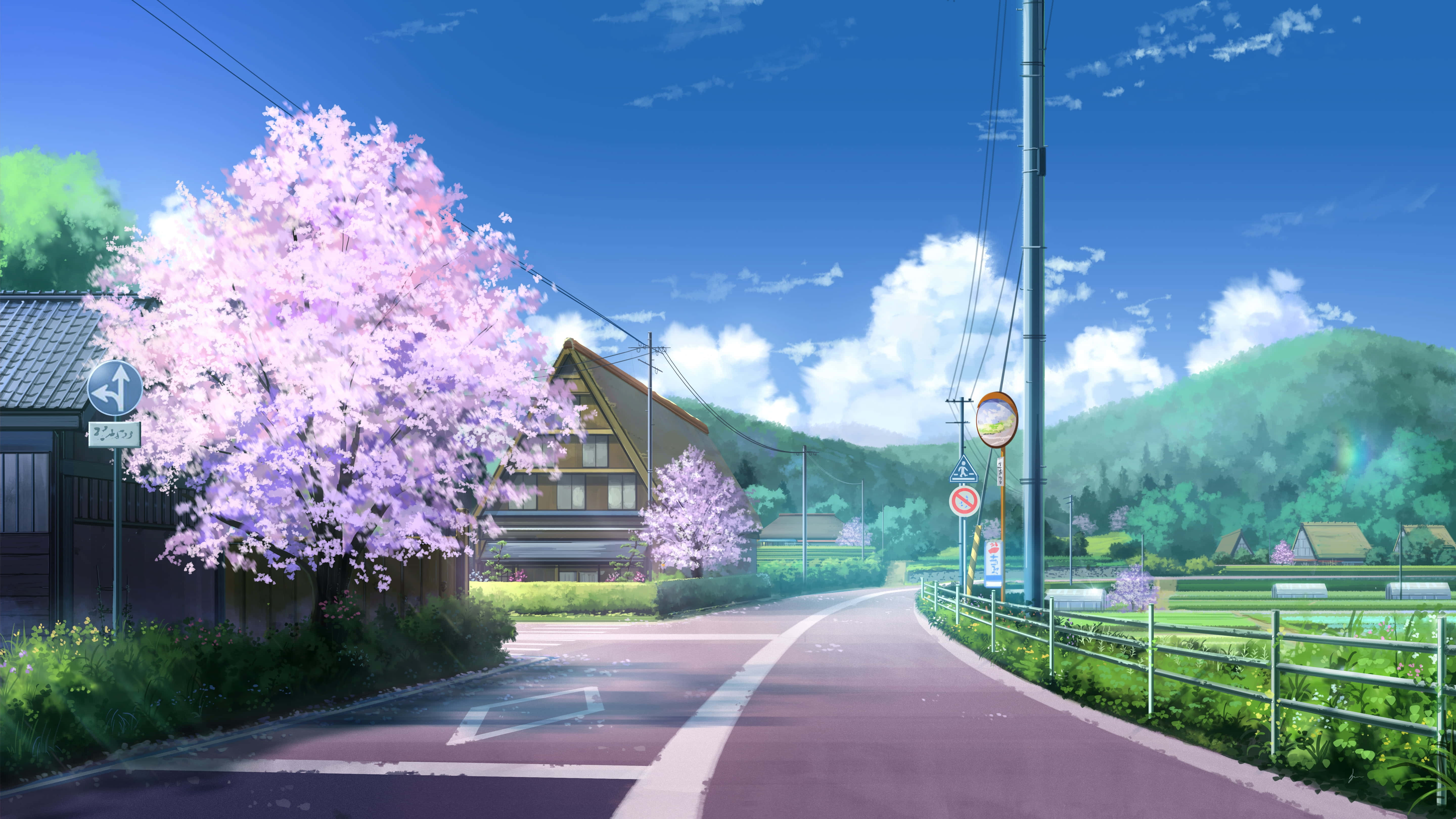 Fondo de Calle con Casas y Cerezos en Flor Anime Fondos de pantalla