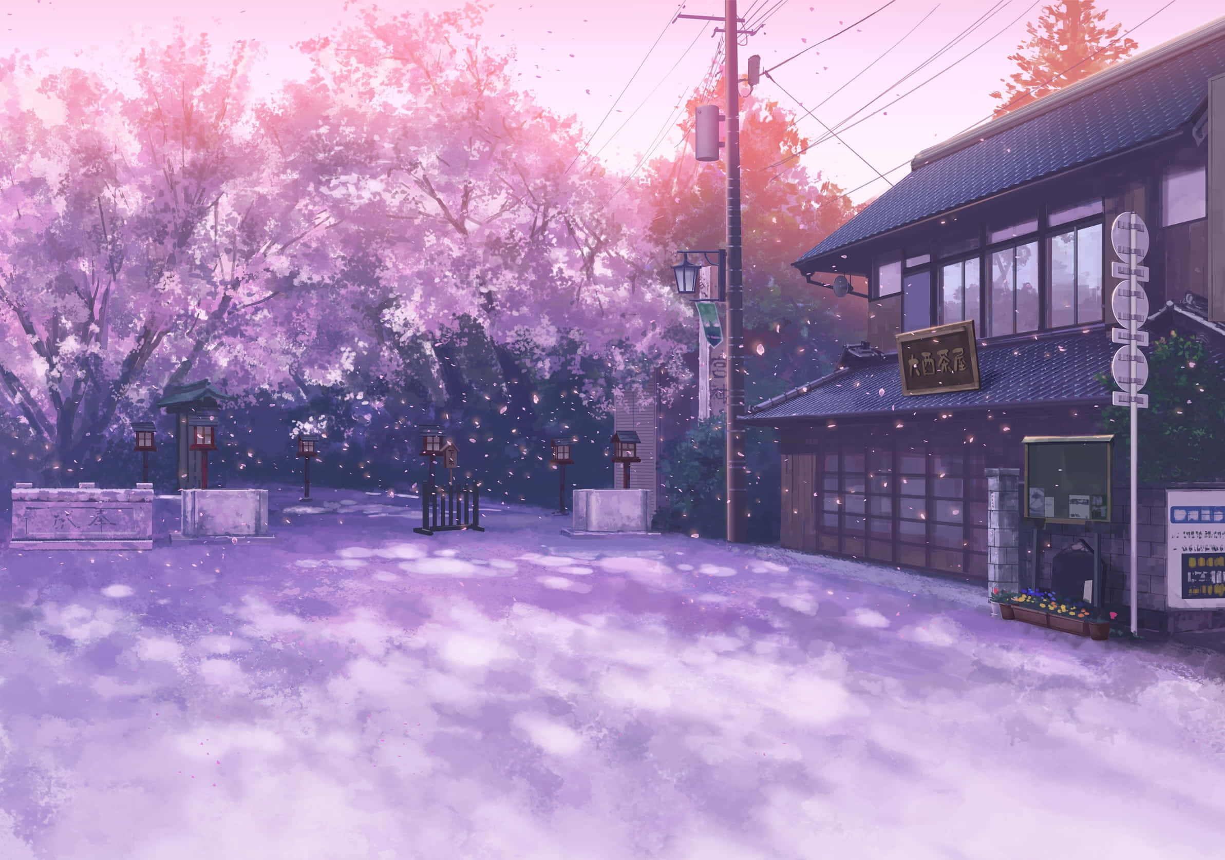 Fondo de Casa con Poste y Cerezos en Flor Anime Fondos de pantalla