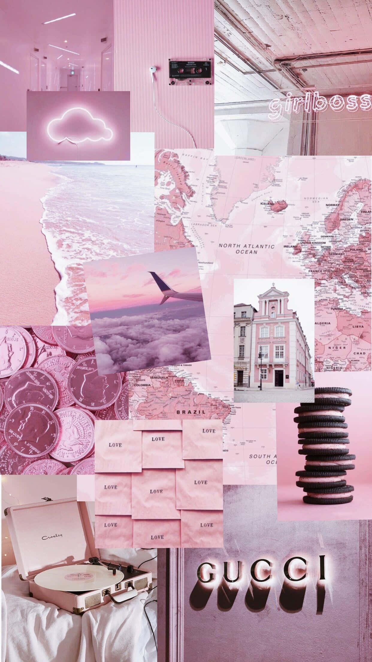 Fondo de collage rosa con lugares estéticos Fondos de pantalla