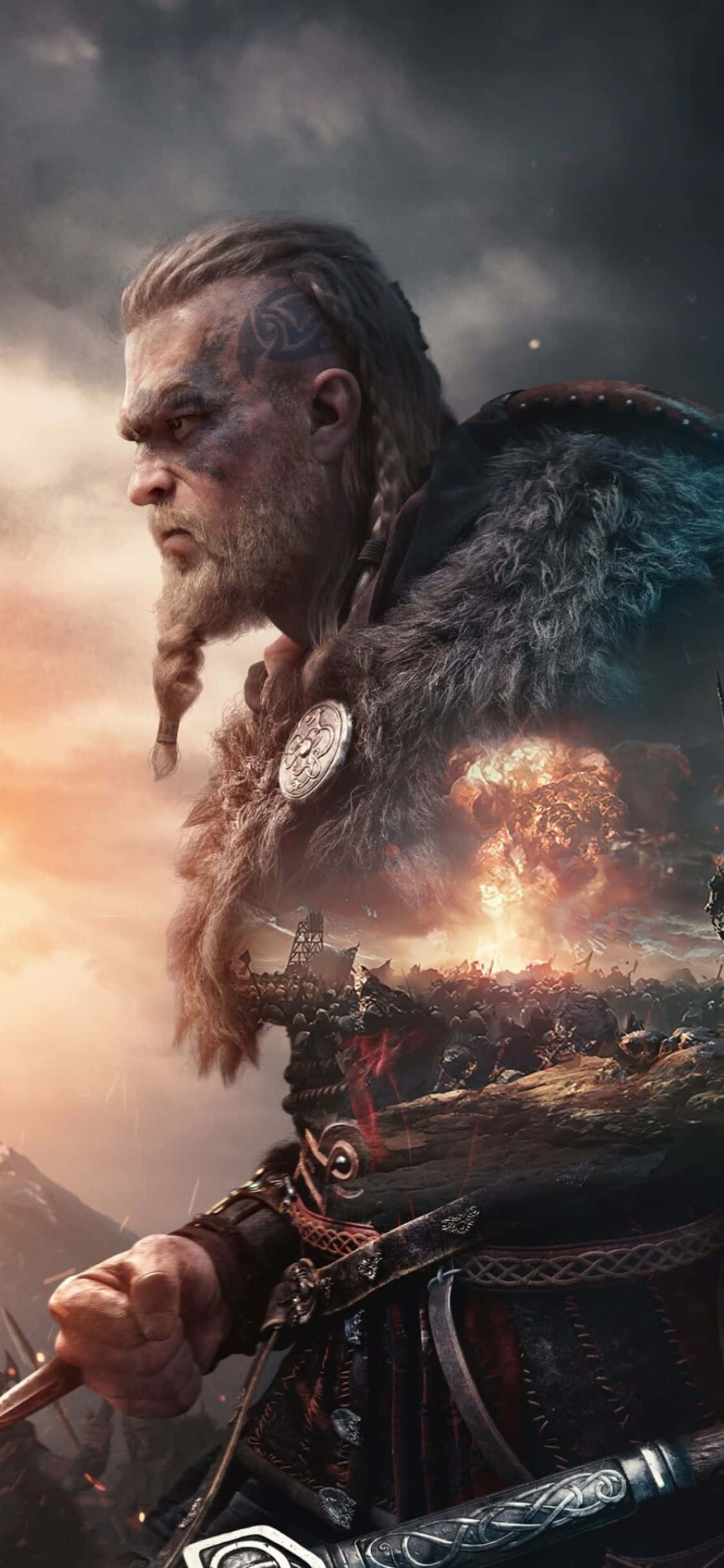 Fondo de Eivor con una explosión recortada de Assassin's Creed Valhalla para iPhone XS Fondos de pantalla