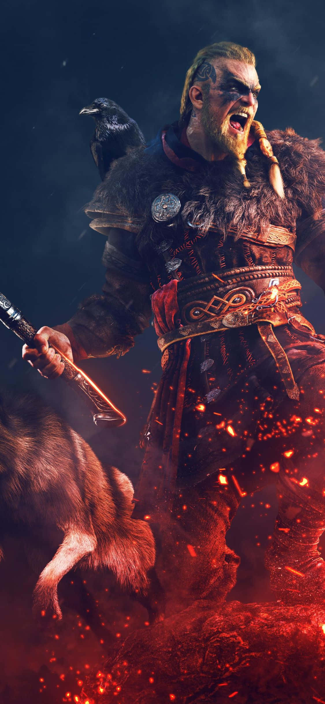 Fondo de Eivor enfrentando el fuego de Assassin's Creed Valhalla para iPhone XS Fondos de pantalla