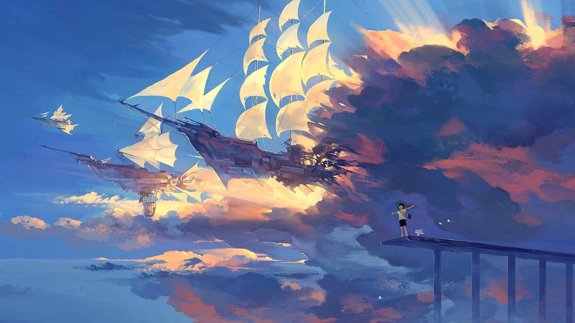 Fondo de escritorio de arte anime estético con aeronave Fondos de pantalla