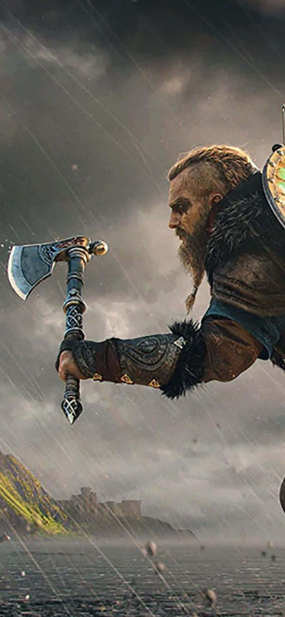 Fondo de guerrero vikingo bajo la lluvia de Assassin's Creed Valhalla para iPhone XS Fondos de pantalla