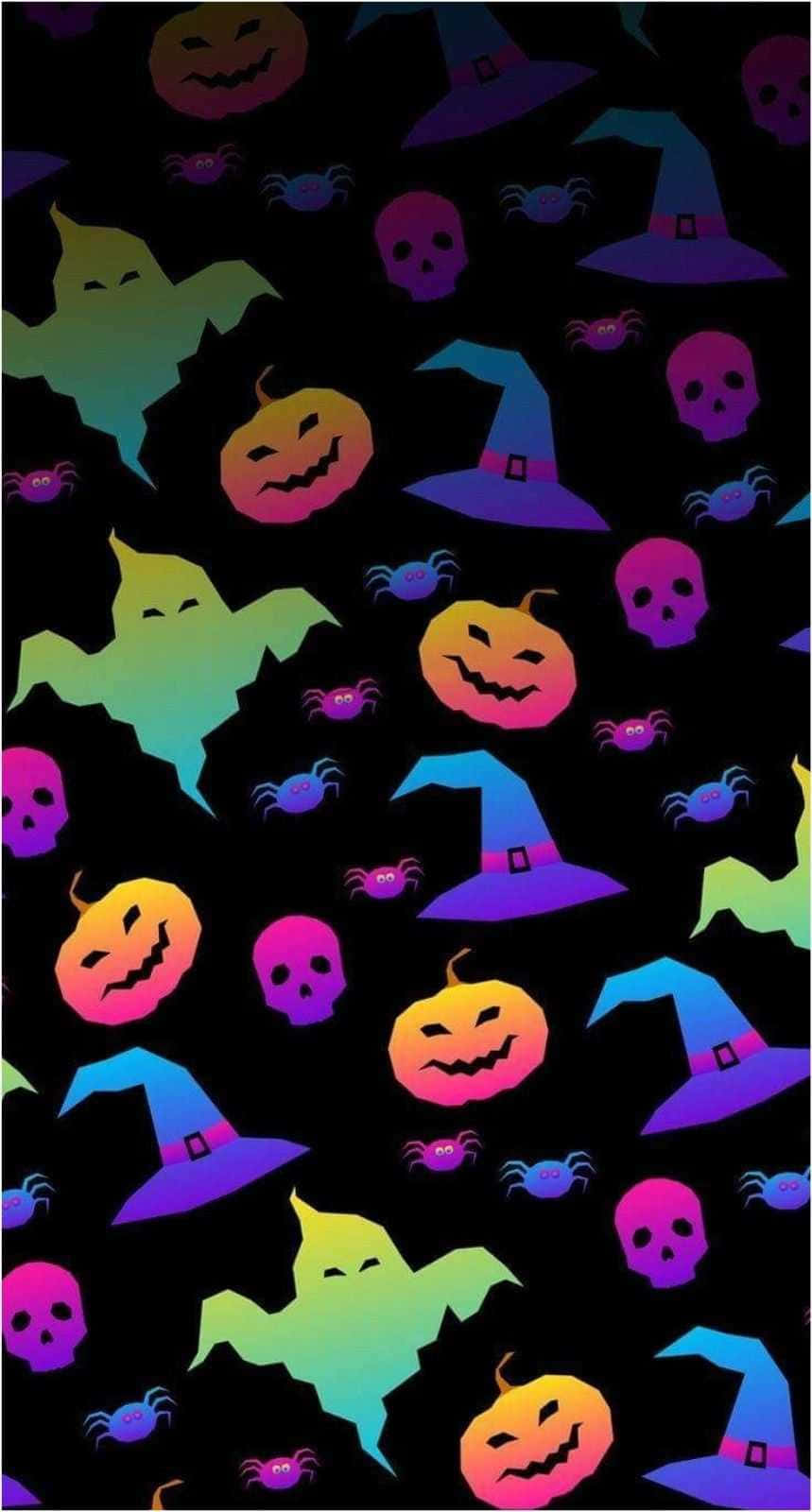 Fondo de Halloween Estético con Fantasmas, Calabazas y Sombreros de Bruja Fondos de pantalla