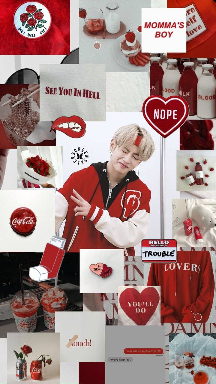 Fondo de iPhone estético rojo de BTS V en álbum de recortes lindo Fondos de pantalla