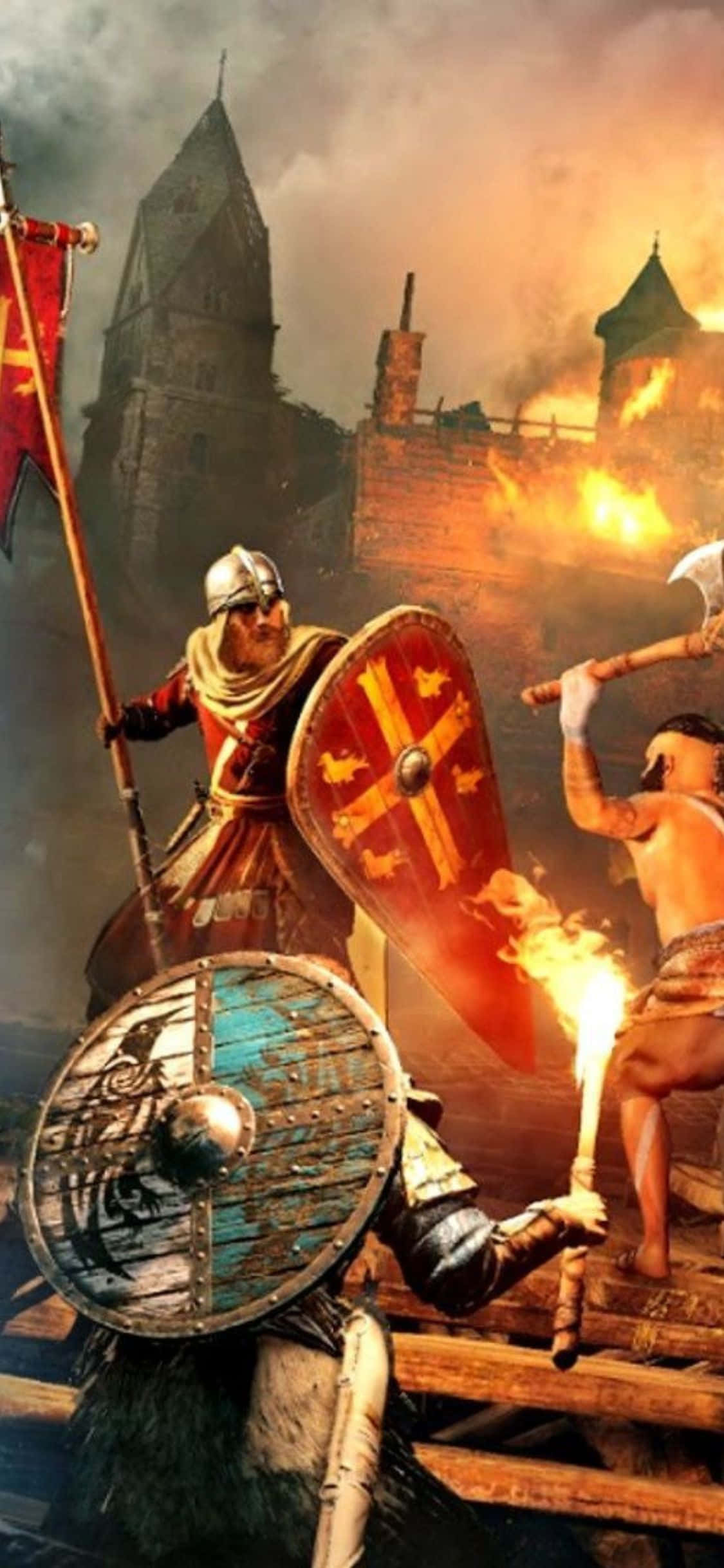 Fondo de iPhone Xs Assassin's Creed Valhalla Caballeros Peleando Fondos de pantalla