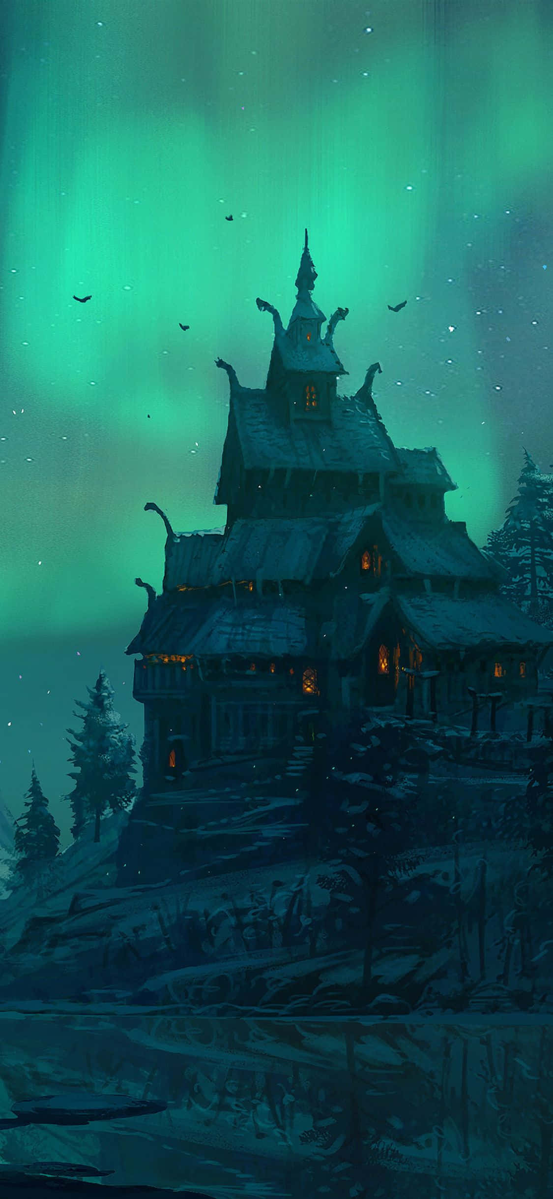 Fondo de iPhone Xs Assassin's Creed Valhalla con aurora boreal Fondos de pantalla