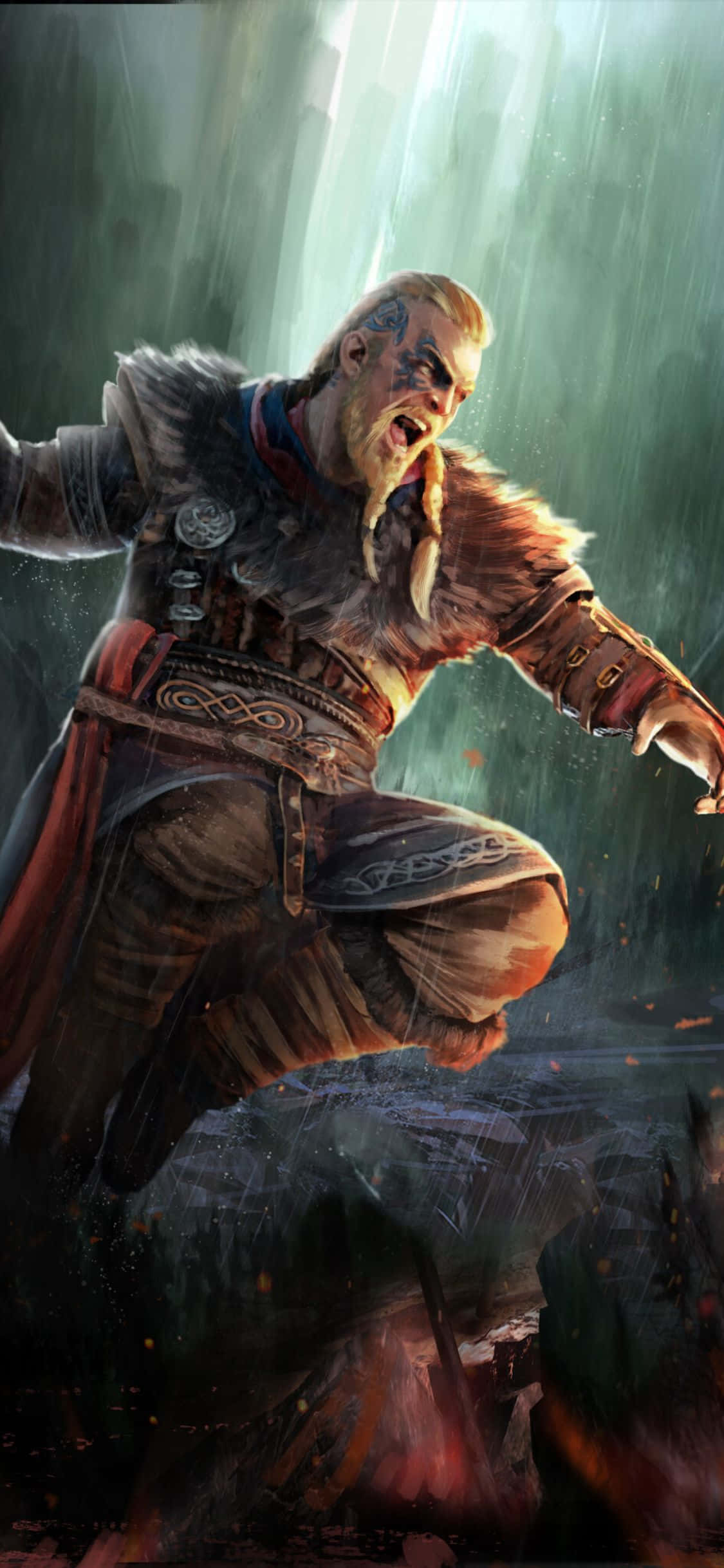 Fondo de iPhone Xs Assassin's Creed Valhalla con Eivor saltando al ataque Fondos de pantalla