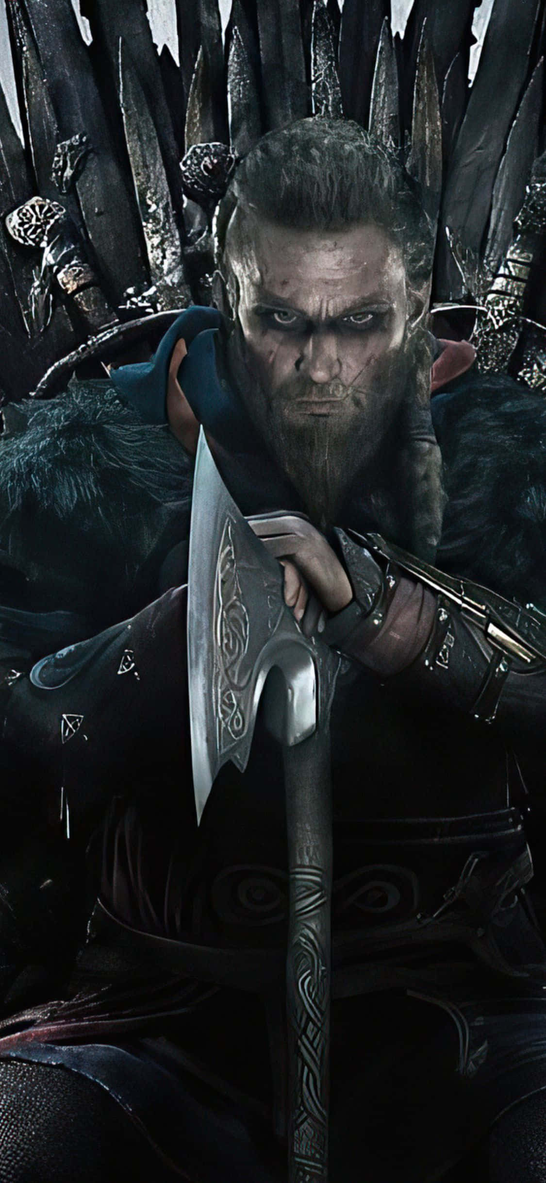 Fondo de iPhone Xs Assassin's Creed Valhalla con Eivor sentado en un trono Fondos de pantalla