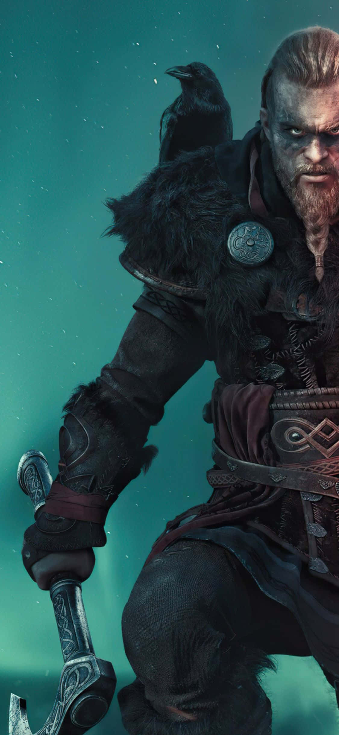 Fondo de iPhone Xs Assassin's Creed Valhalla con Eivor y un cuervo Fondos de pantalla