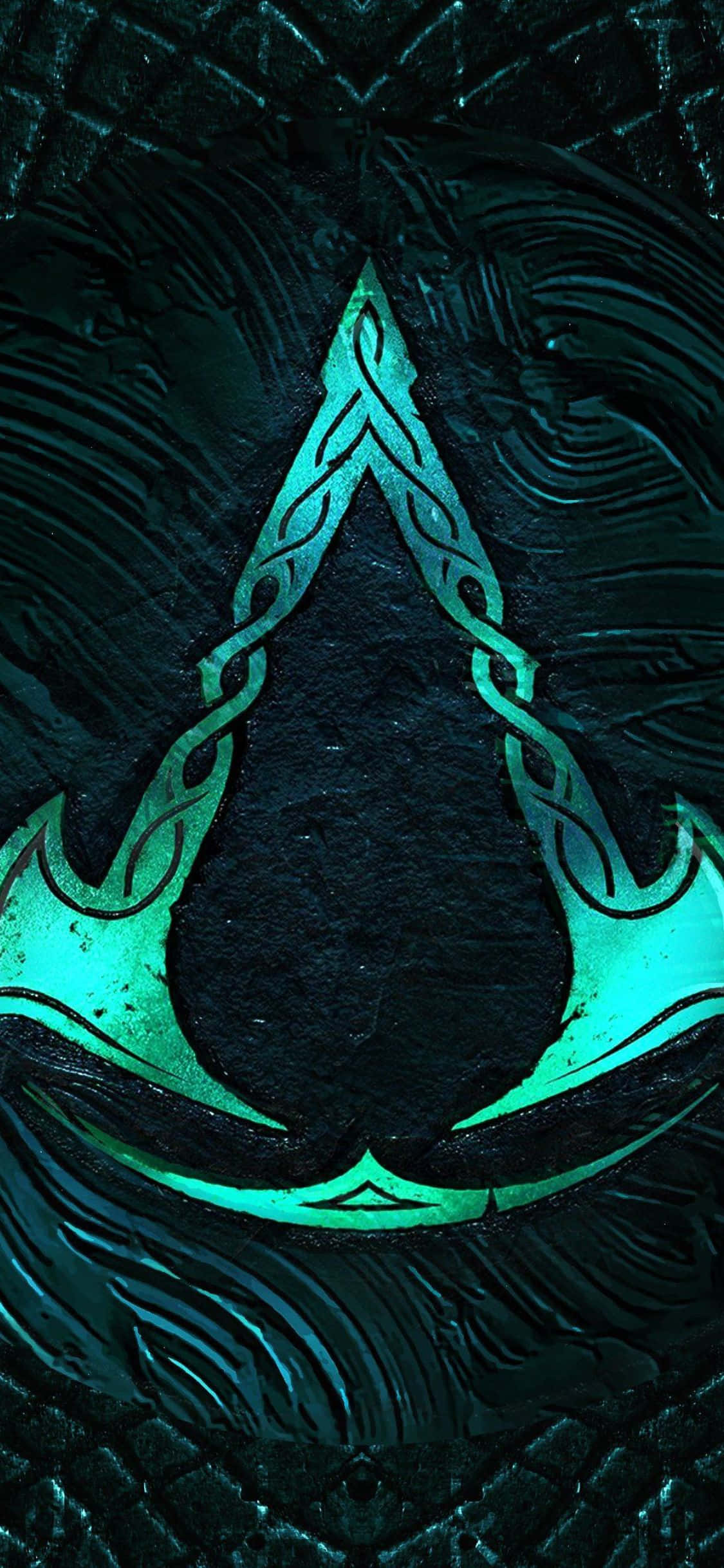 Fondo de iPhone Xs Assassin's Creed Valhalla con logotipo verde del juego hecho de hachas Fondos de pantalla