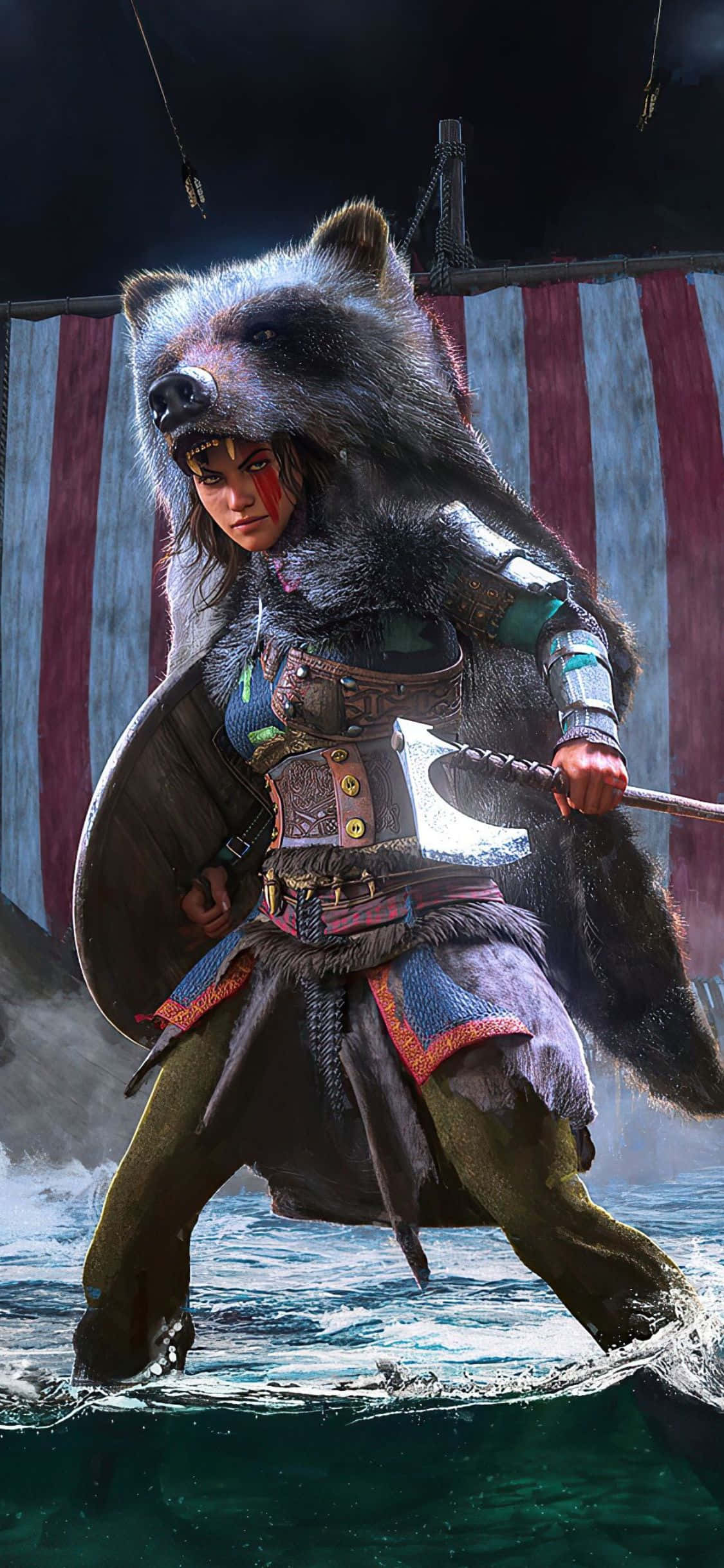Fondo de iPhone Xs Assassin's Creed Valhalla Mujer Vikinga con Sombrero de Oso Fondos de pantalla