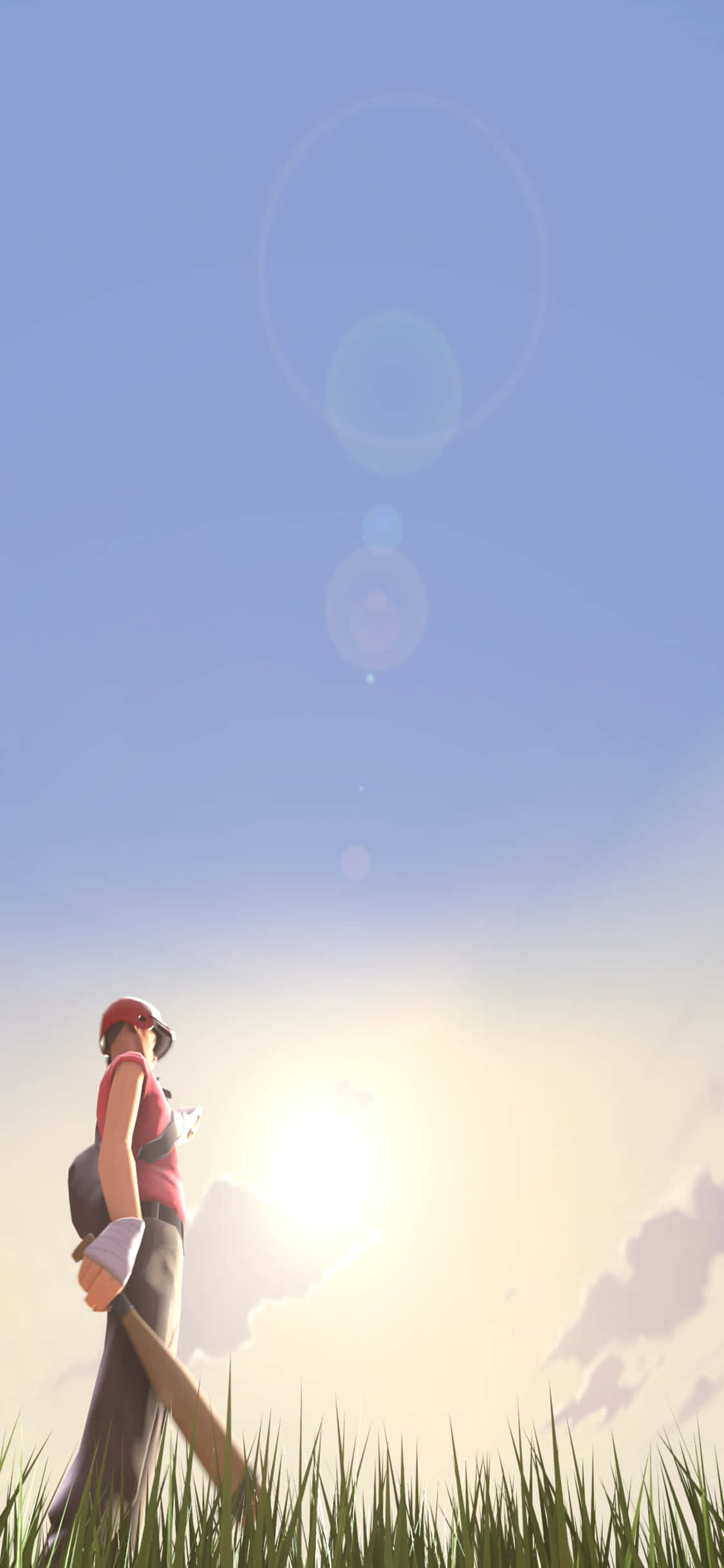 Fondo de iPhone Xs con Scout con un bate en un campo de TF2 Fondos de pantalla