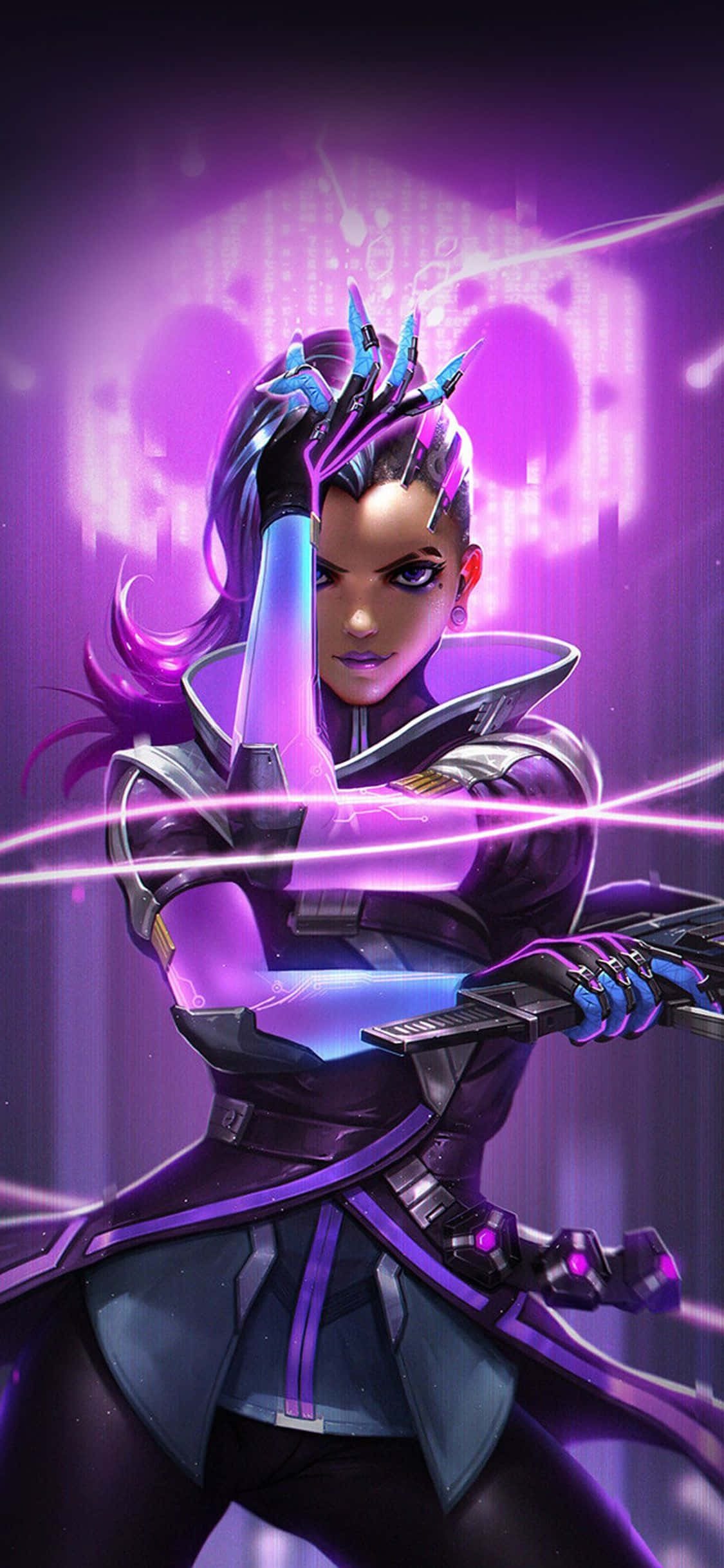 Fondo de Overwatch para iPhone Xs Max con Sombra y luces neón moradas Fondos de pantalla