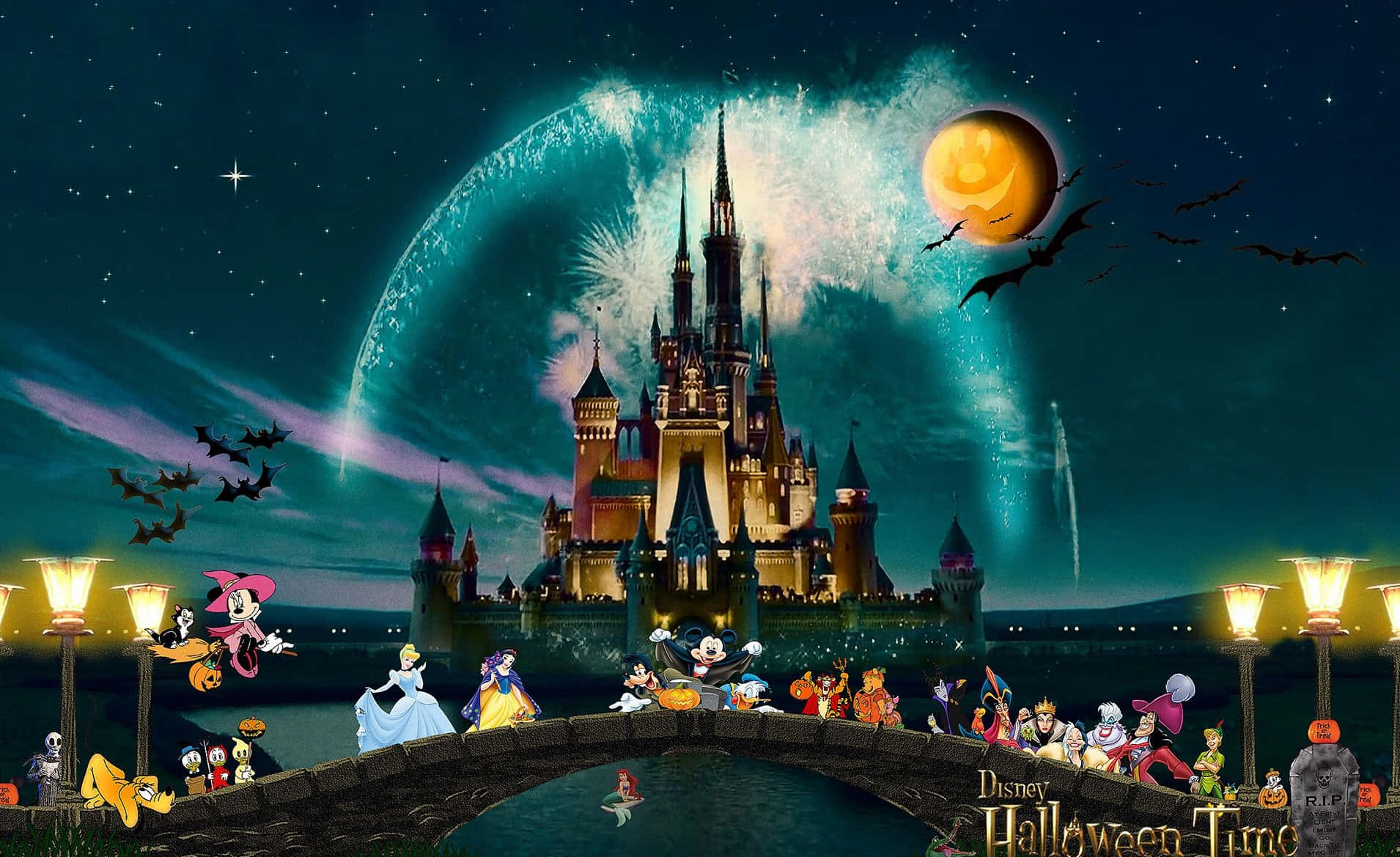 Fondo de pantalla de Halloween de Disney con Mickey, Minnie y villanos Fondos de pantalla