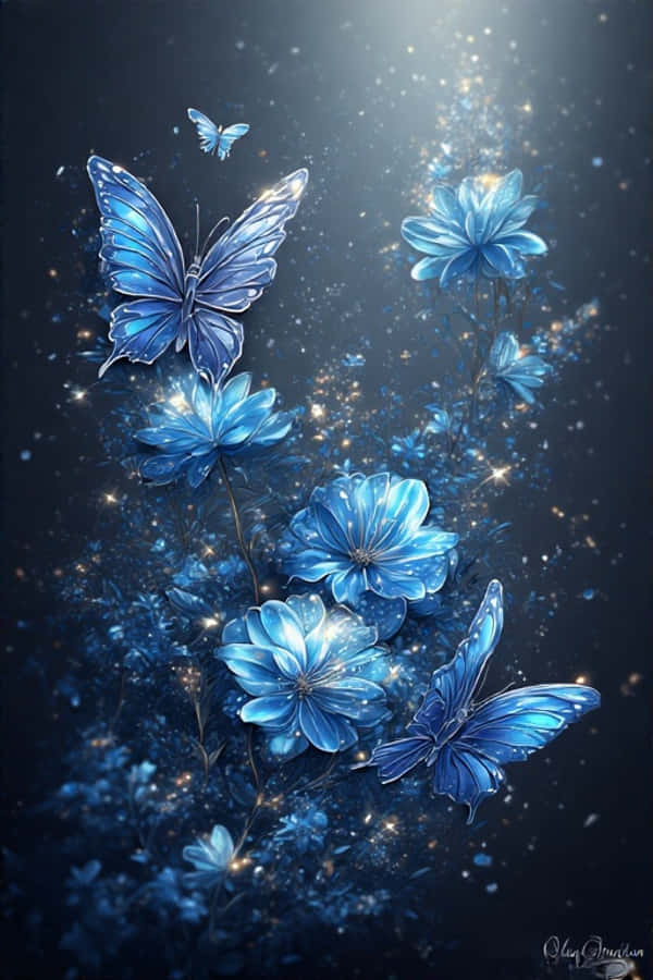 Fondo de Pantalla de Flores Azules y Mariposas Brillantes Fondos de pantalla