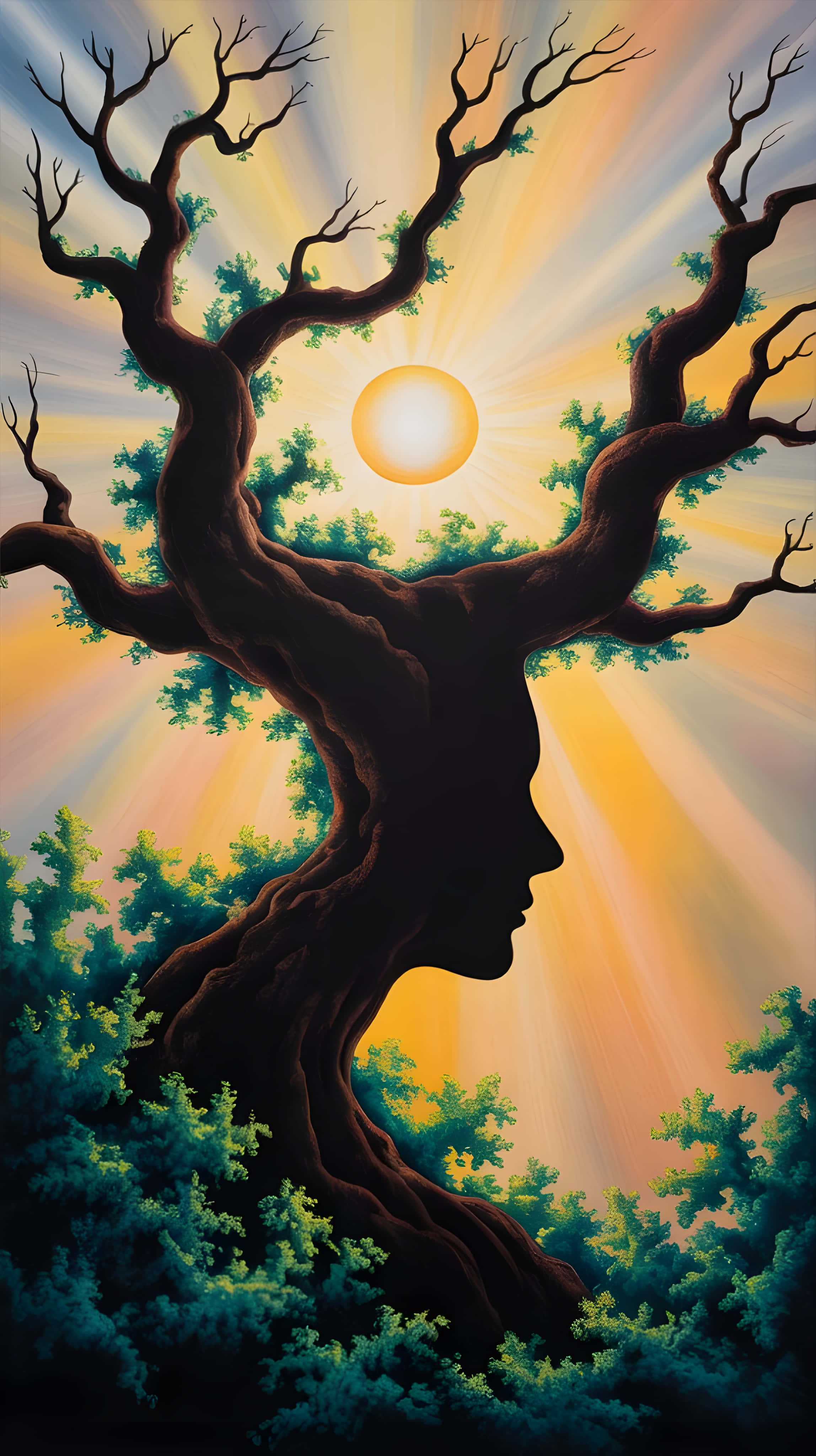 Fondo de pantalla de rostro de árbol surrealista al atardecer dorado Fondos de pantalla