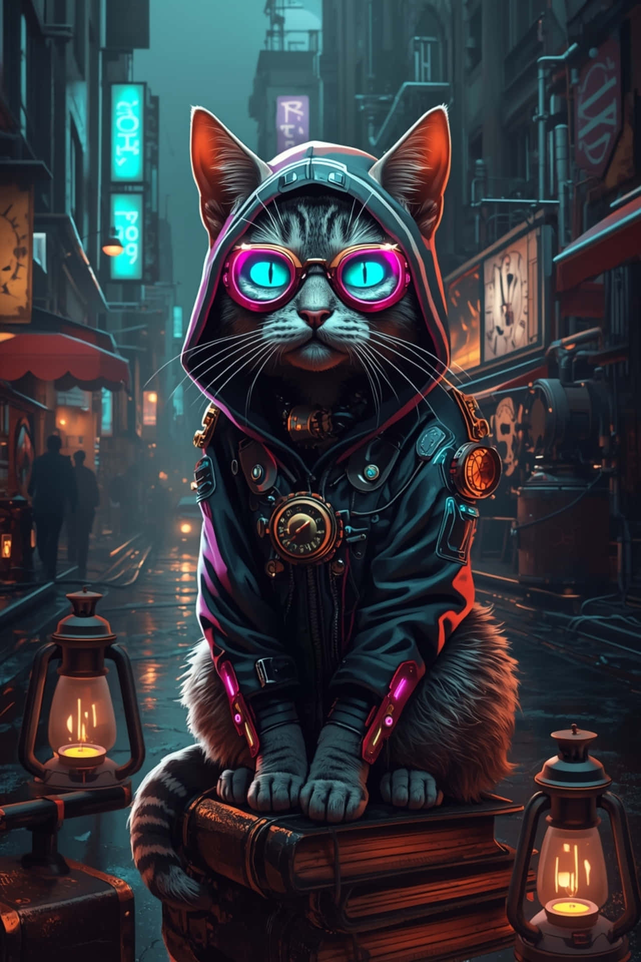 Fondo de pantalla Cyberpunk Steampunk Gato con Gafas de Neón y Sudadera Tech Fondos de pantalla