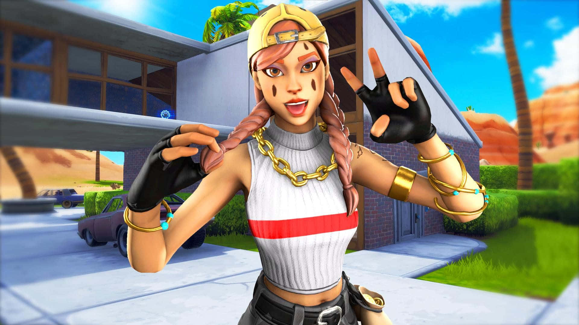 Fondo de pantalla de Fortnite Aura Skin en videojuego con pose genial Fondos de pantalla