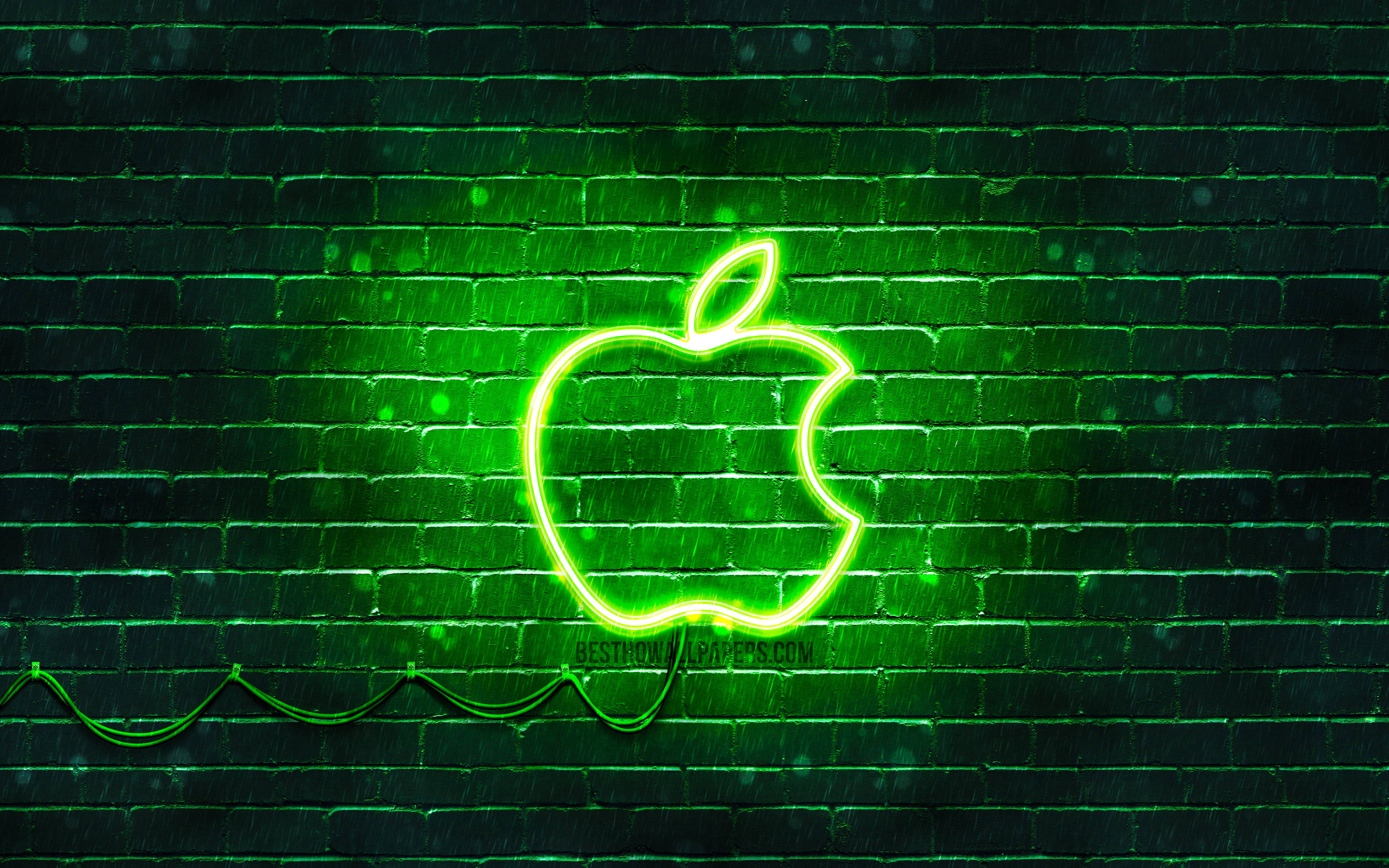 Fondo de pantalla de logo de Apple en neón verde sobre pared de ladrillos Fondos de pantalla