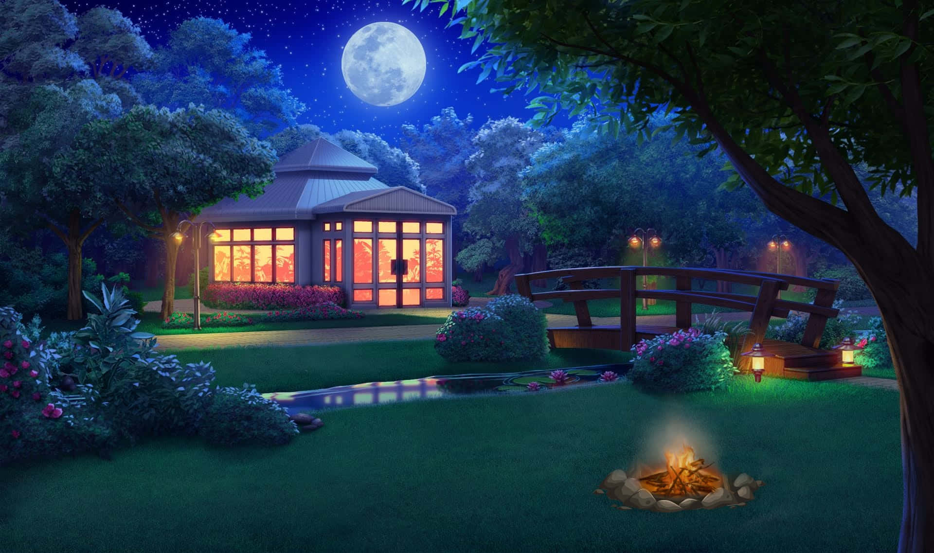 Fondo de Parque con Luna en el Cielo Nocturno Exterior Fondos de pantalla