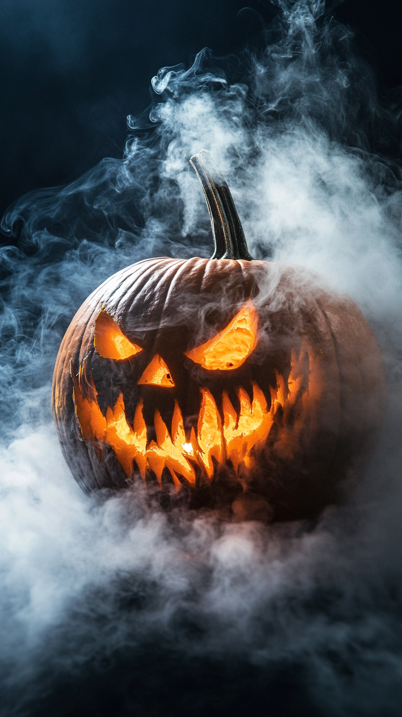 fondo de producto de Halloween con calabaza 3D plataforma otoñal escenario de humo Fondos de pantalla