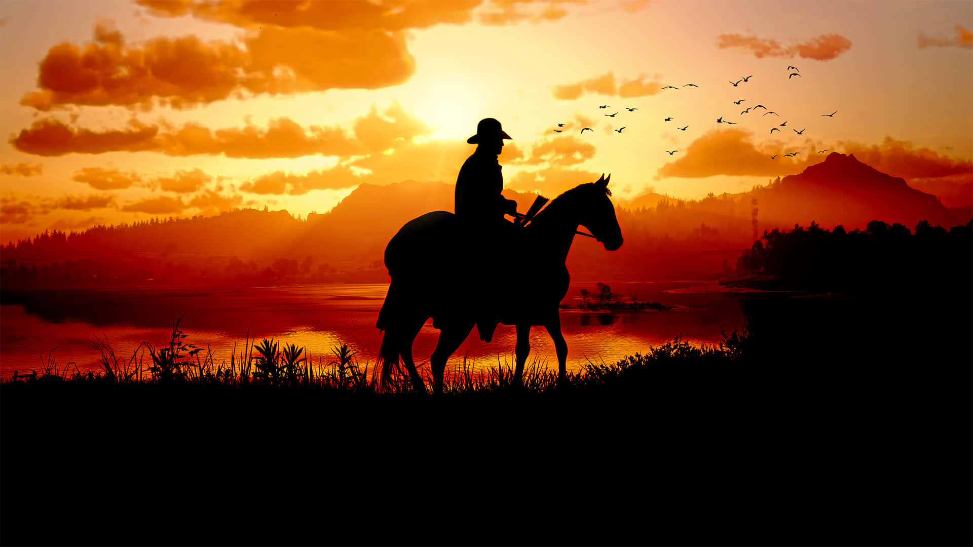 Fondo de Red Dead Redemption 2: Alguacil a caballo al atardecer 1920x1080 Fondos de pantalla