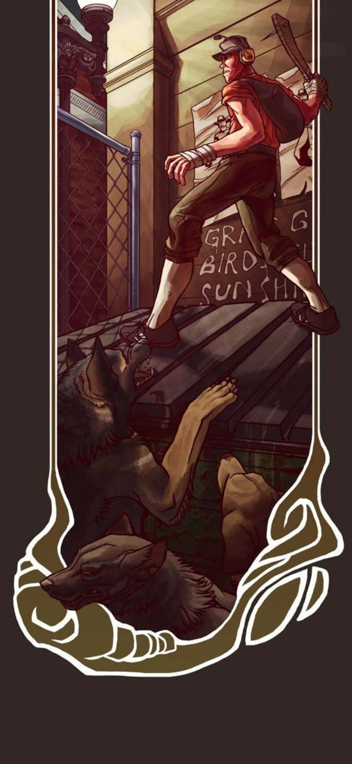Fondo de TF2 para iPhone XS: Scout sobre un contenedor de basura Fondos de pantalla