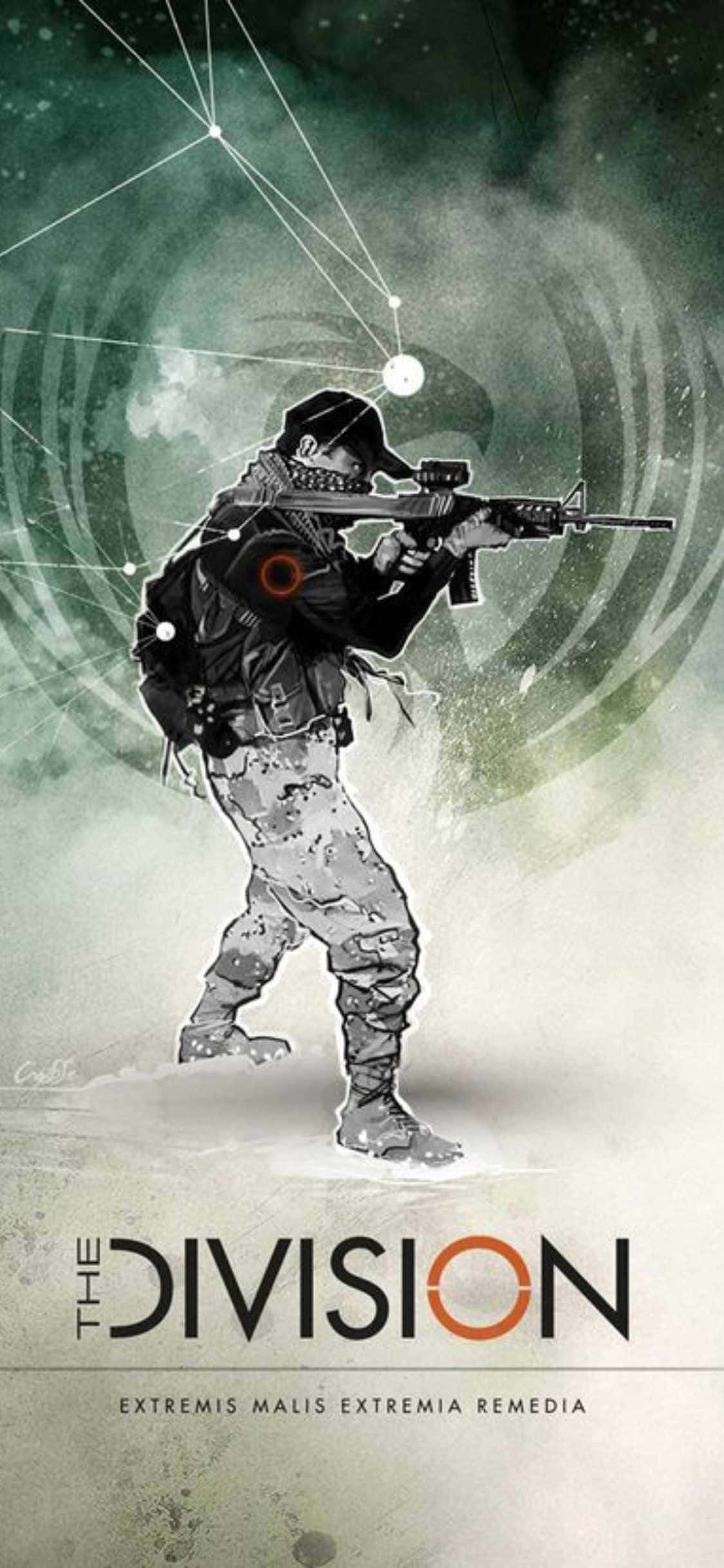 Fondo de The Division para iPhone XS con póster del juego y hombre apuntando Fondos de pantalla