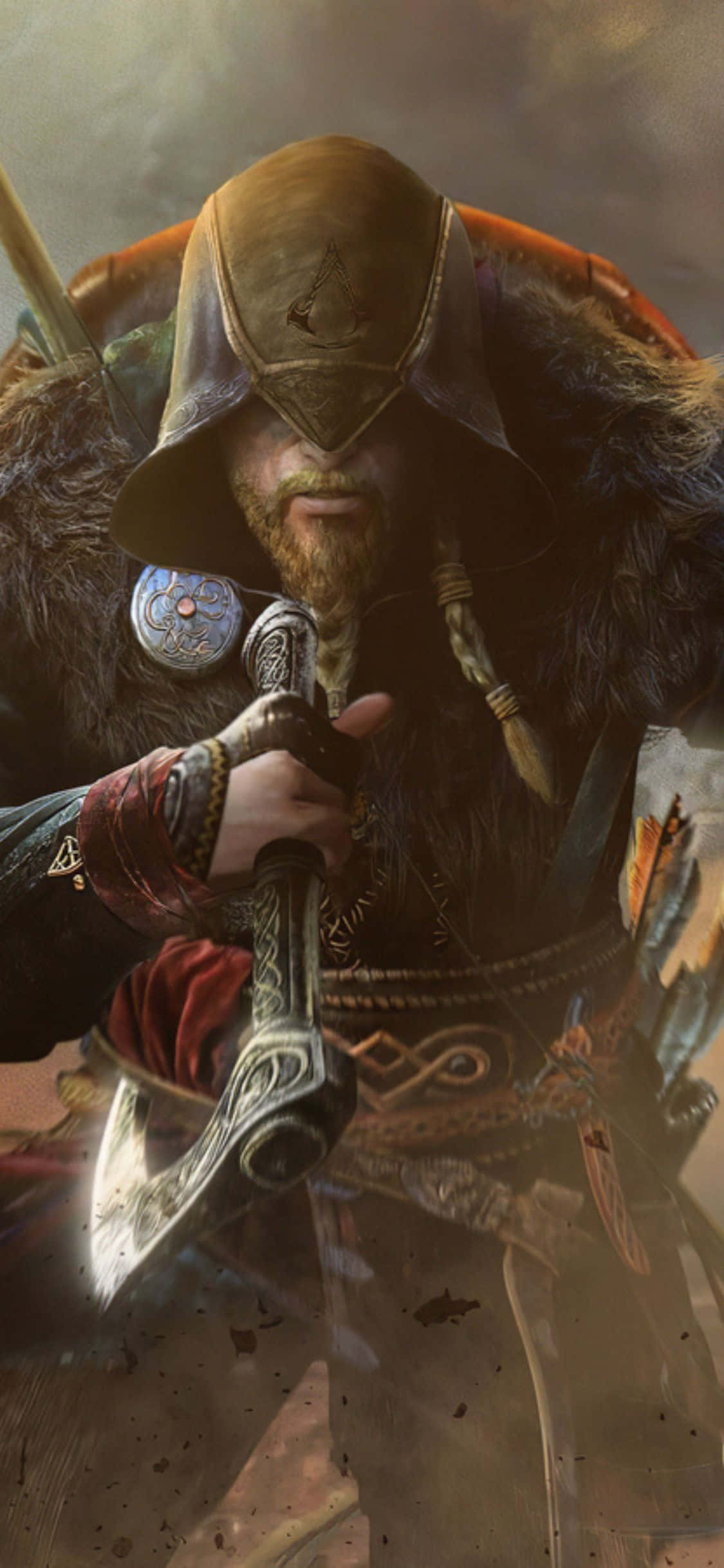 Fondo de vikingo encapuchado con hacha de Assassin's Creed Valhalla para iPhone XS Fondos de pantalla