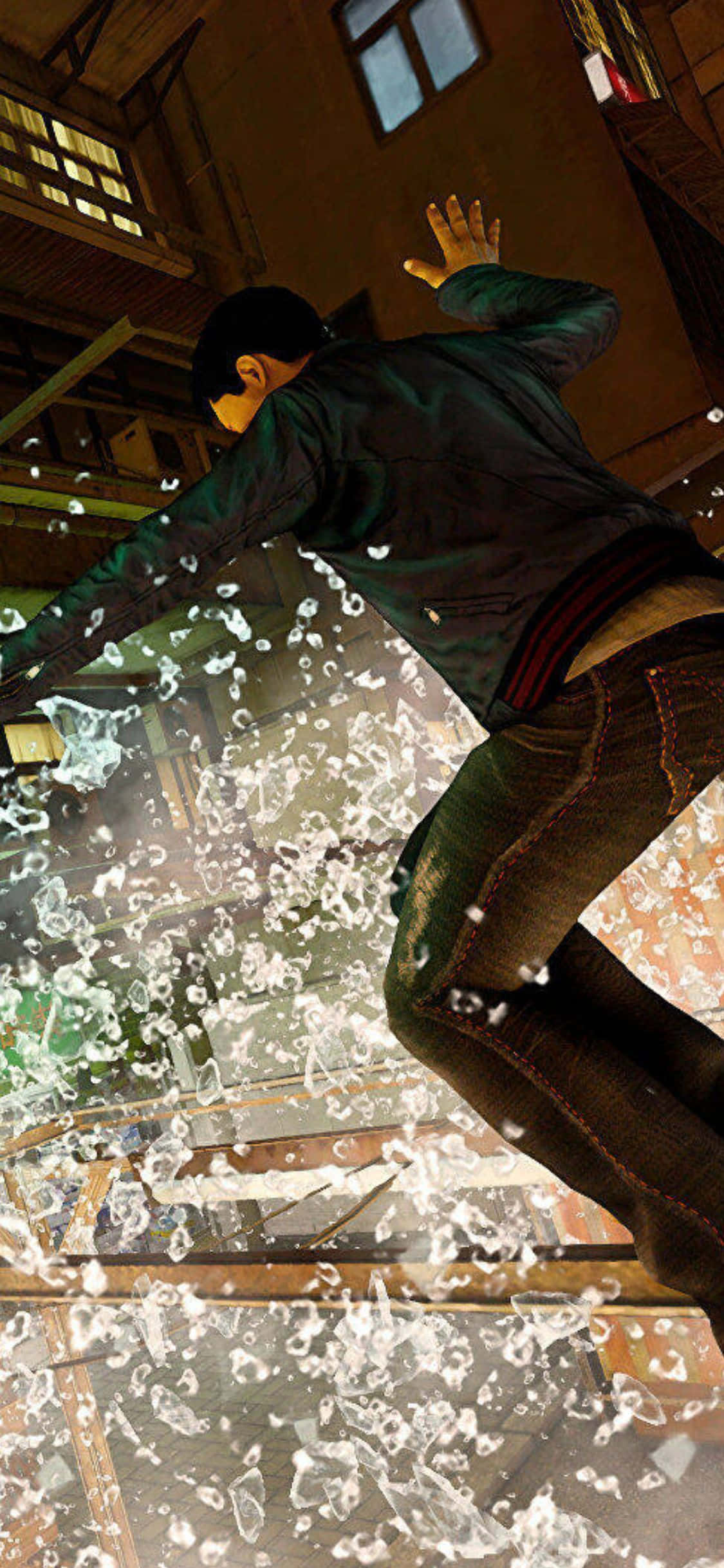 Fondo de Wei saltando sobre techo de cristal en Sleeping Dogs para iPhone XS Fondos de pantalla