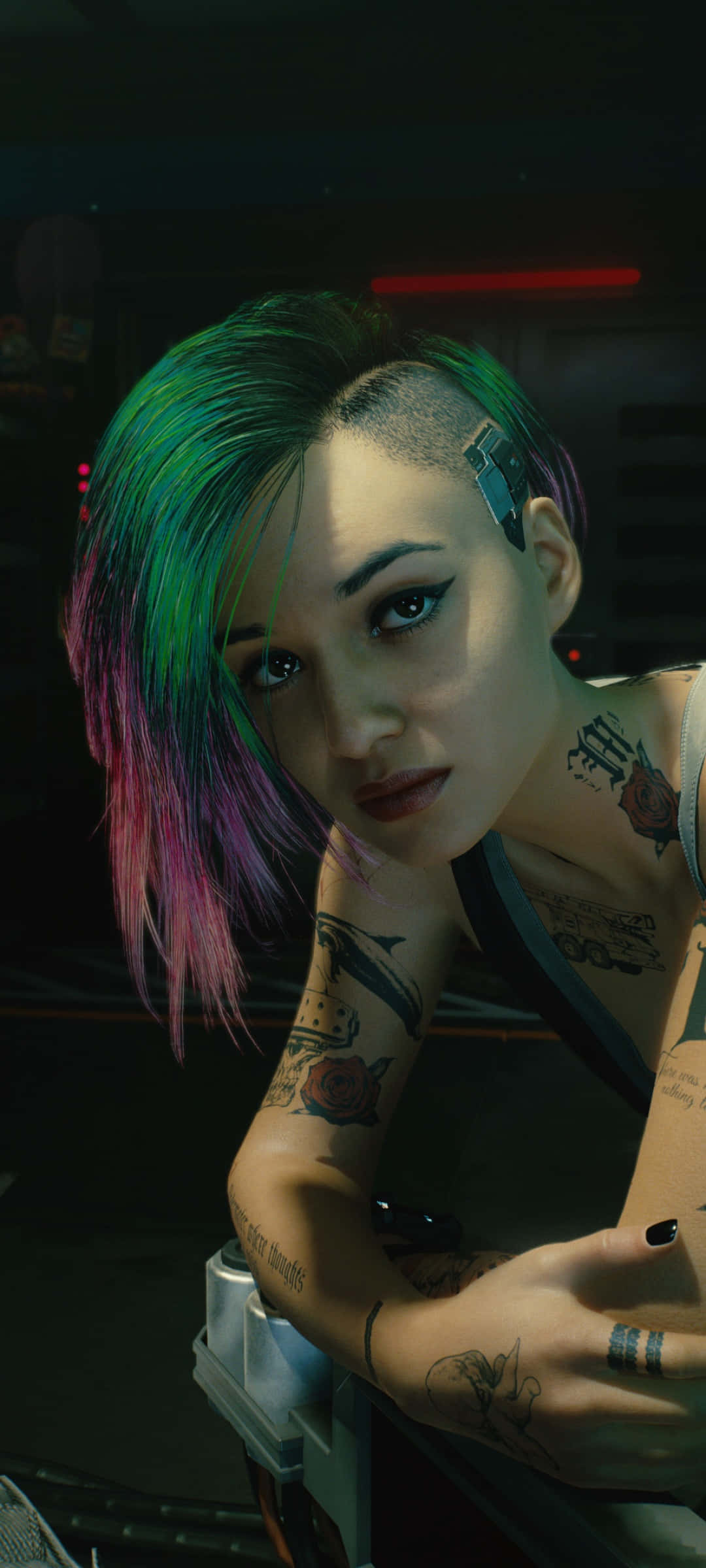 Fondo iPhone X Cyberpunk 2077 Judy Alvarez con Cabello Verde y Morado Fondos de pantalla
