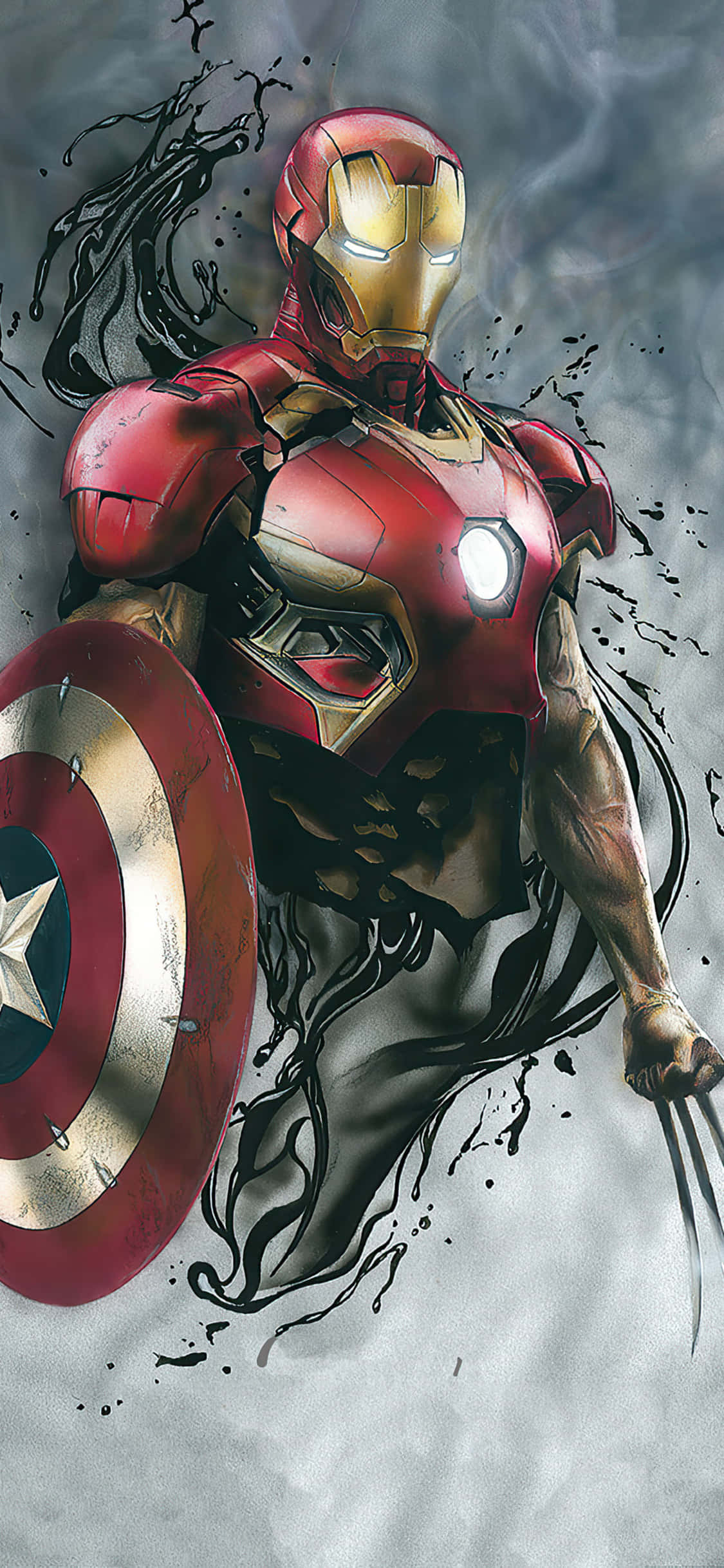 Fondo iPhone X de Iron Man con Escudo del Capitán América y Garras de Wolverine Fondos de pantalla