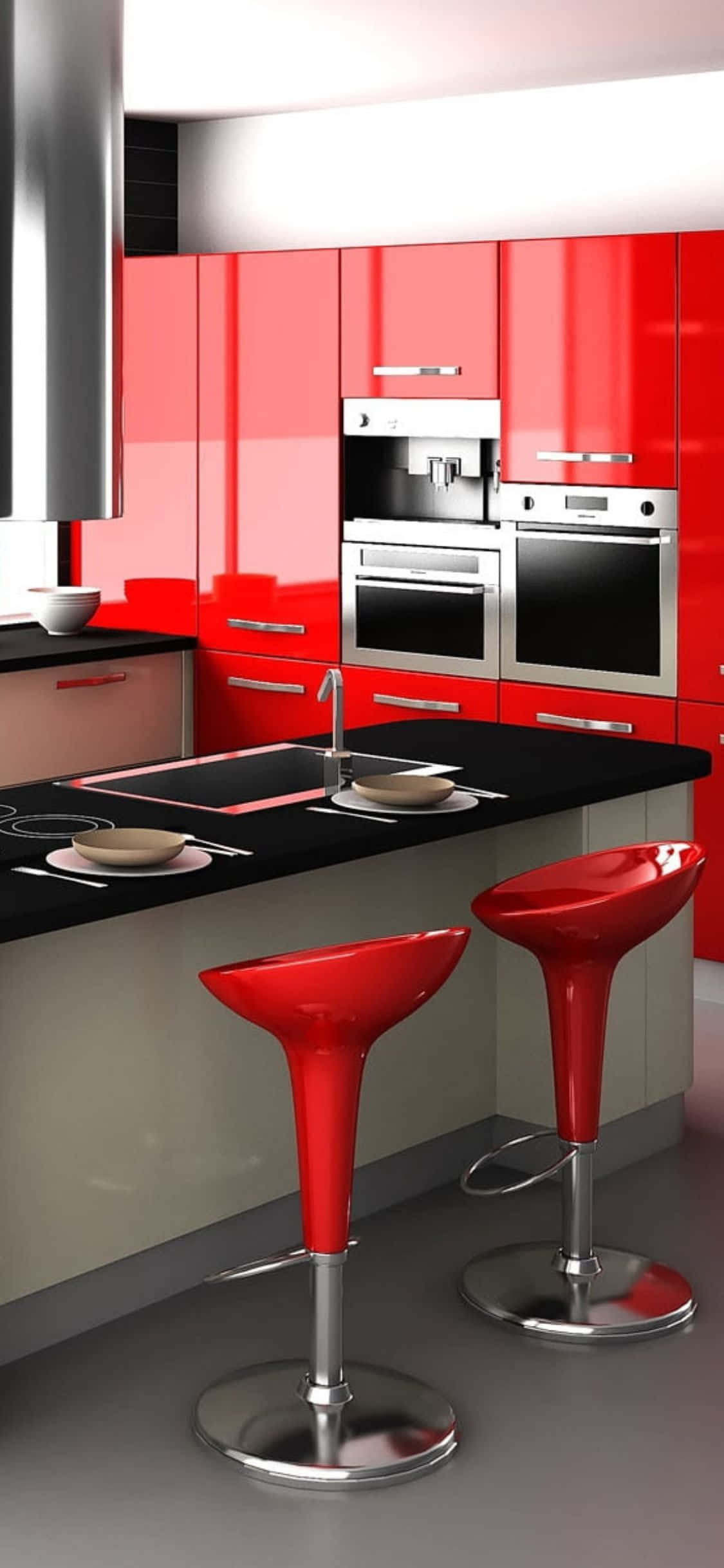 Fondo iPhone XS de Cocina con Gabinetes Rojos y Silla Roja Fondos de pantalla