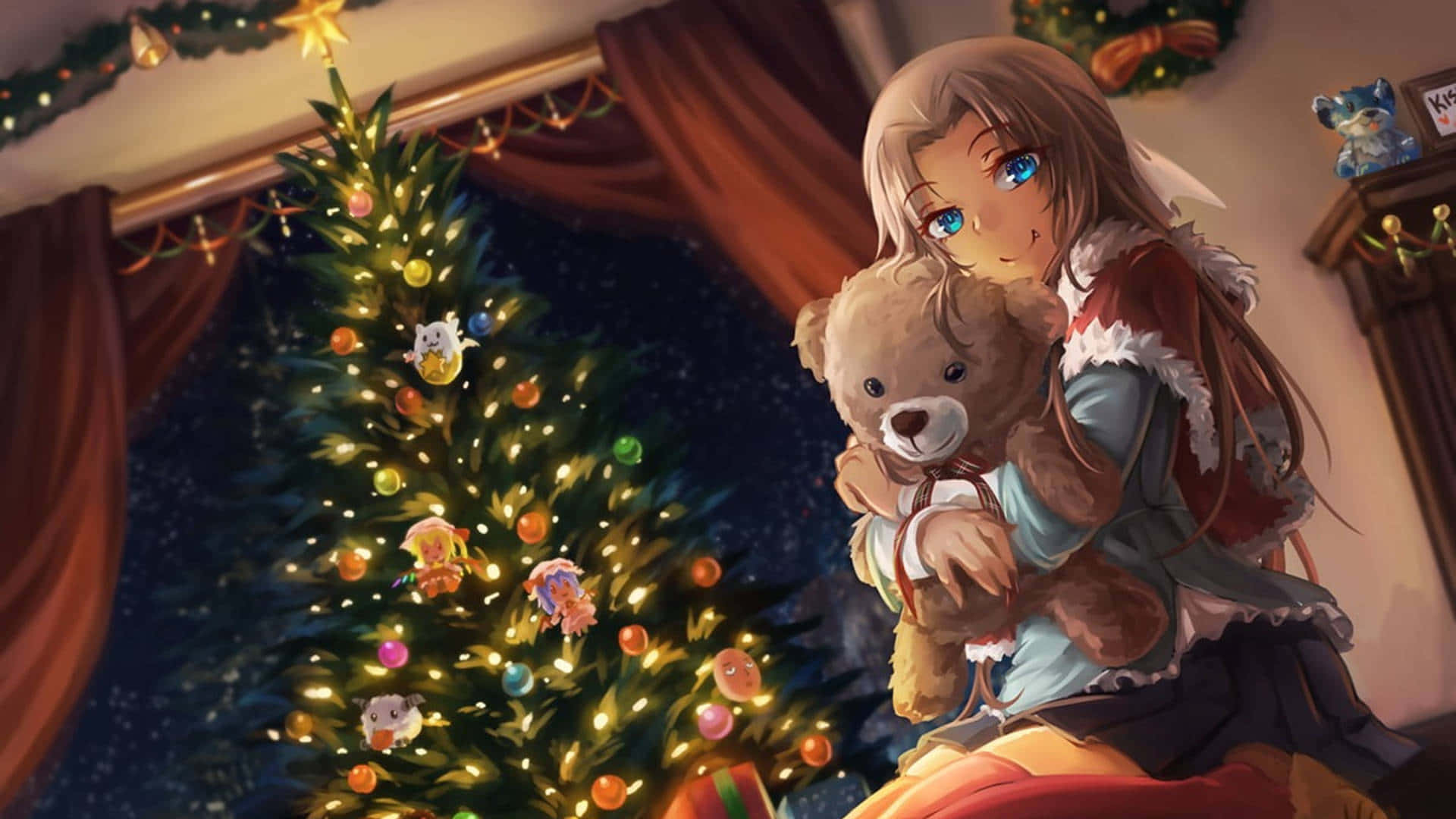 Fondo navideño de anime festivo con árbol nevado y adorables personajes celebrando la festividad. Fondos de pantalla