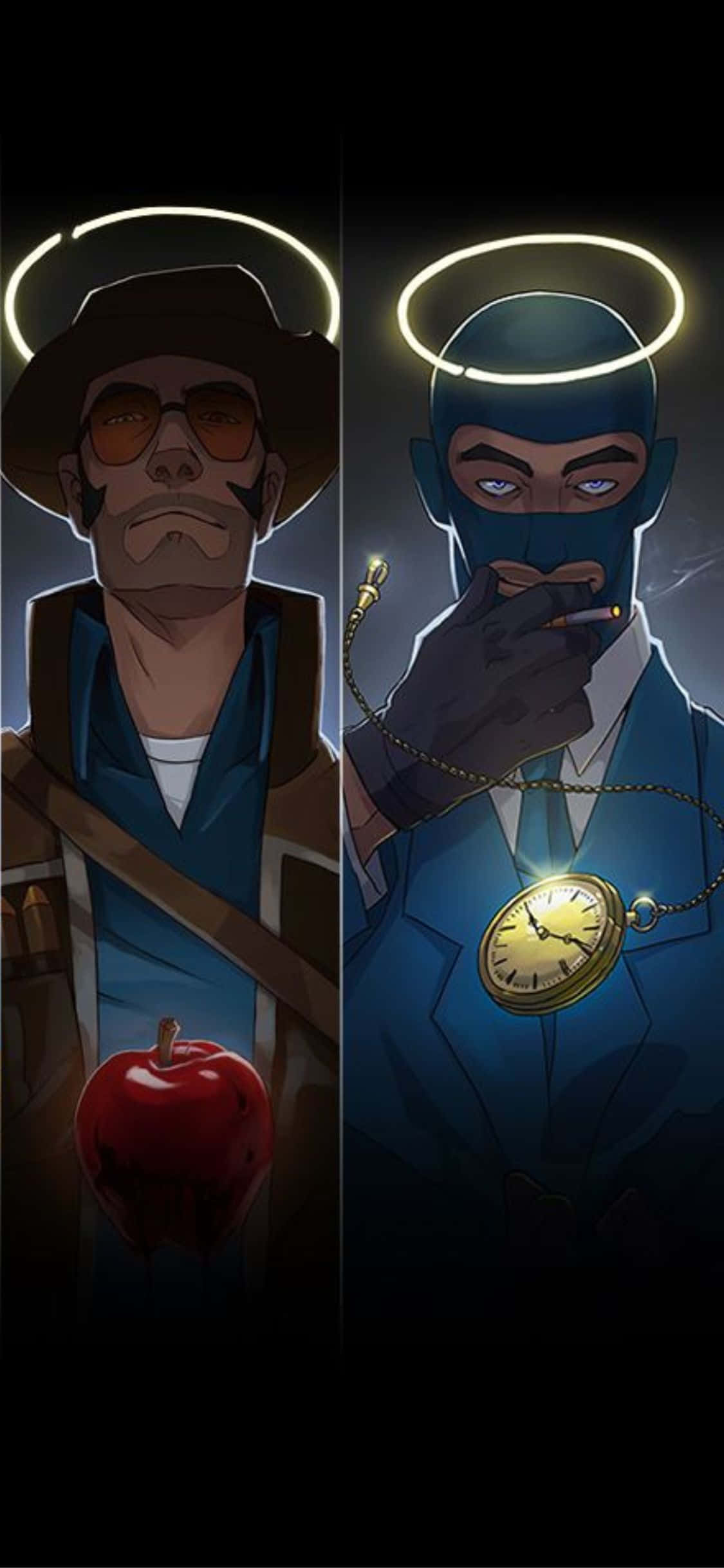 Fondo TF2 para iPhone XS: Francotirador y Espía con Aureolas Fondos de pantalla