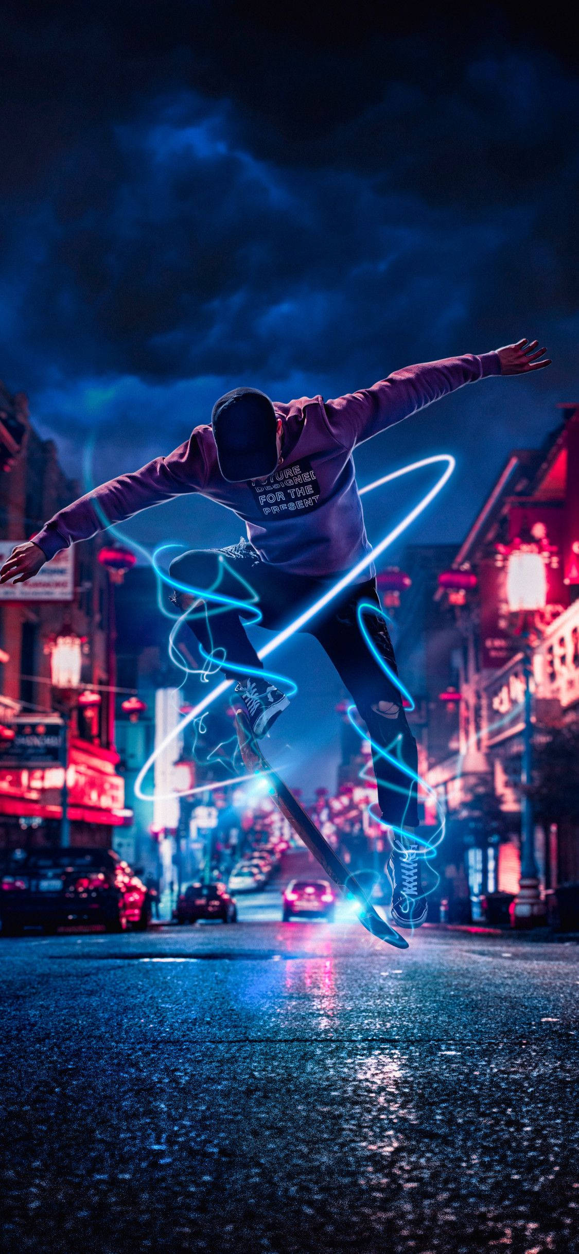 Fotografía de luz en movimiento con patineta para iPhone Fondos de pantalla
