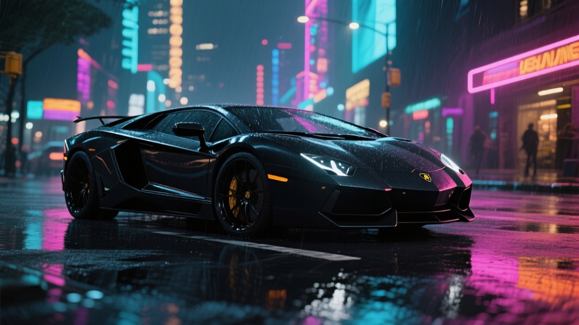 Lamborghini Aventador negro en una ciudad iluminada con neón de noche — Autos geniales GIF Fondos de pantalla