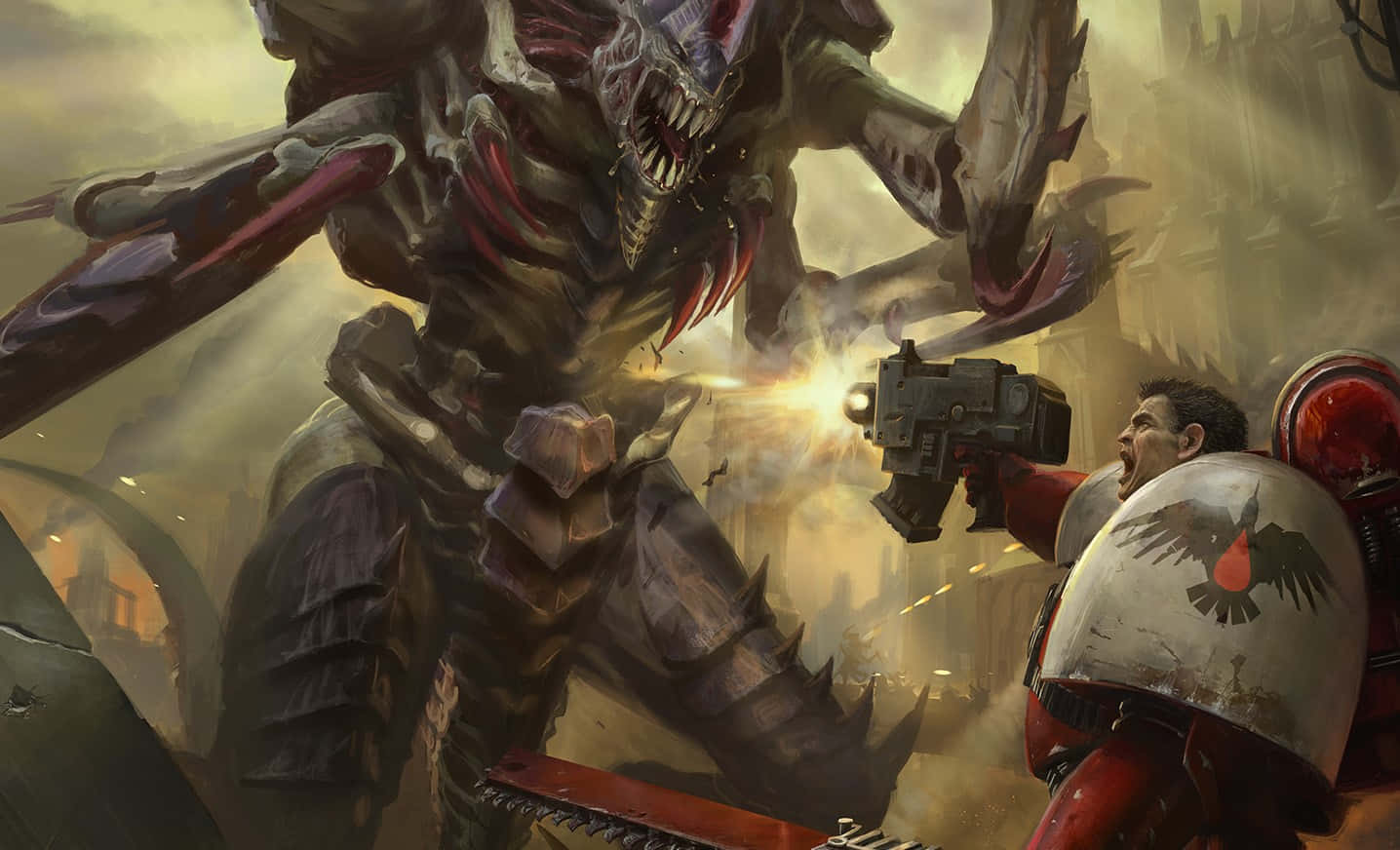 Gabriel Angelos luchando contra Tiránido en fondo de Dawn of War III Fondos de pantalla