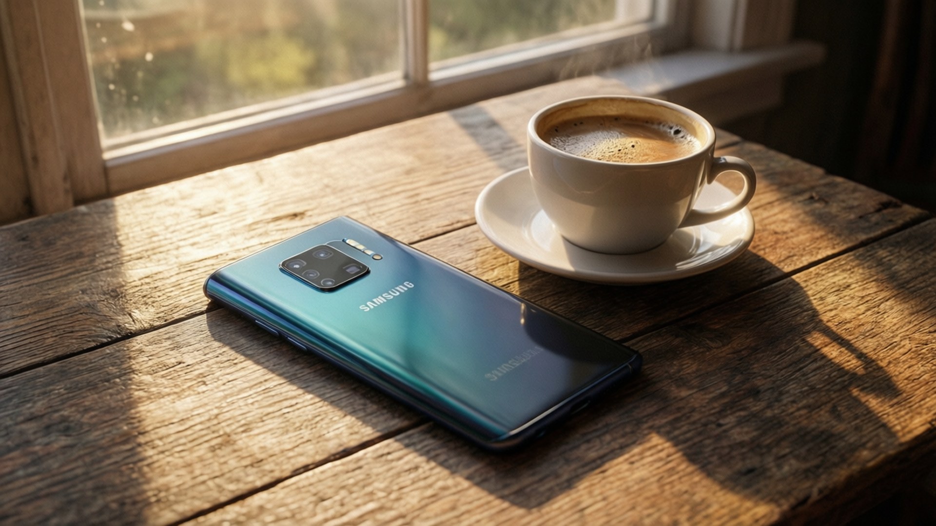 Fondo de pantalla de estilo acogedor que muestra un Galaxy S10 sobre una mesa de madera con café.