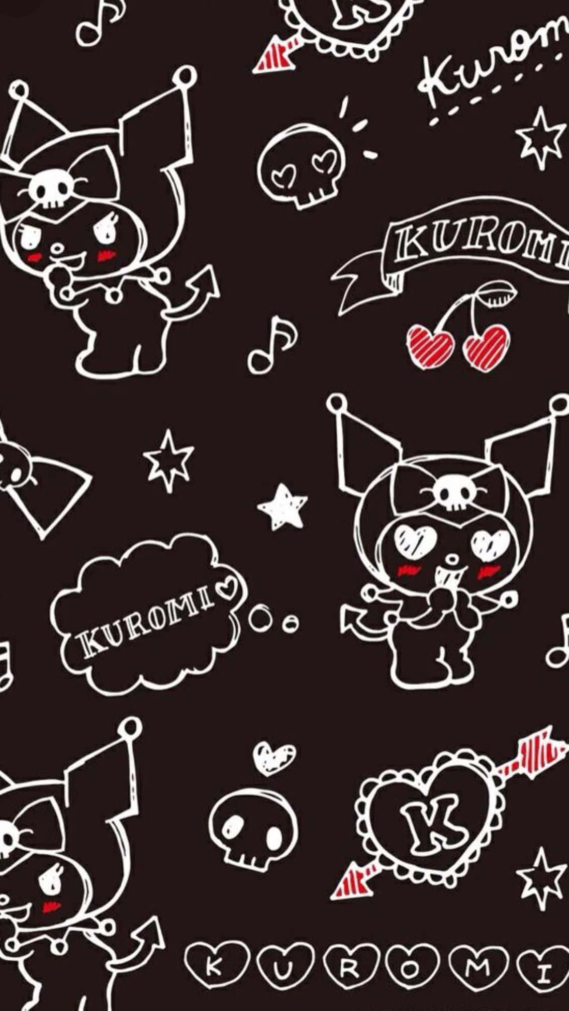 Garabatos de Kuromi en iPhone sobre fondo negro Fondos de pantalla