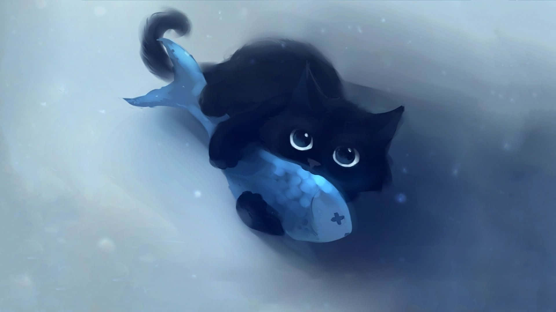 Gato Anime Kawaii Abrazando un Pez Fondos de pantalla