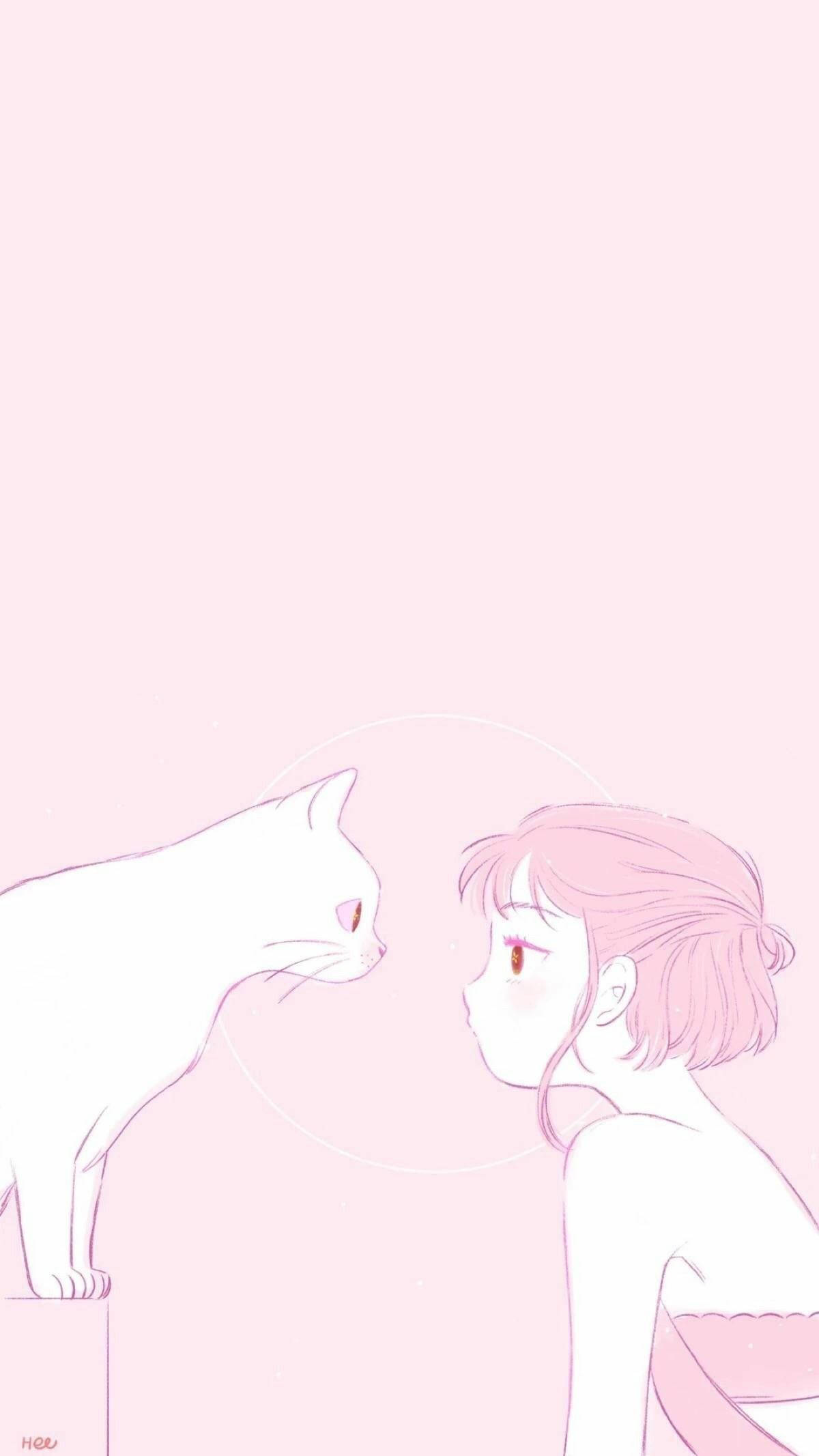 Gato anime rosa estético y su dueña Fondos de pantalla