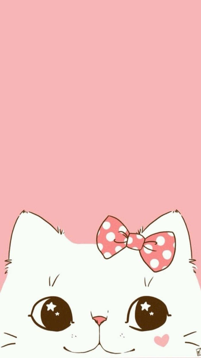 Gato Blanco de Dibujos Animados con Listón Rosa Fondos de pantalla