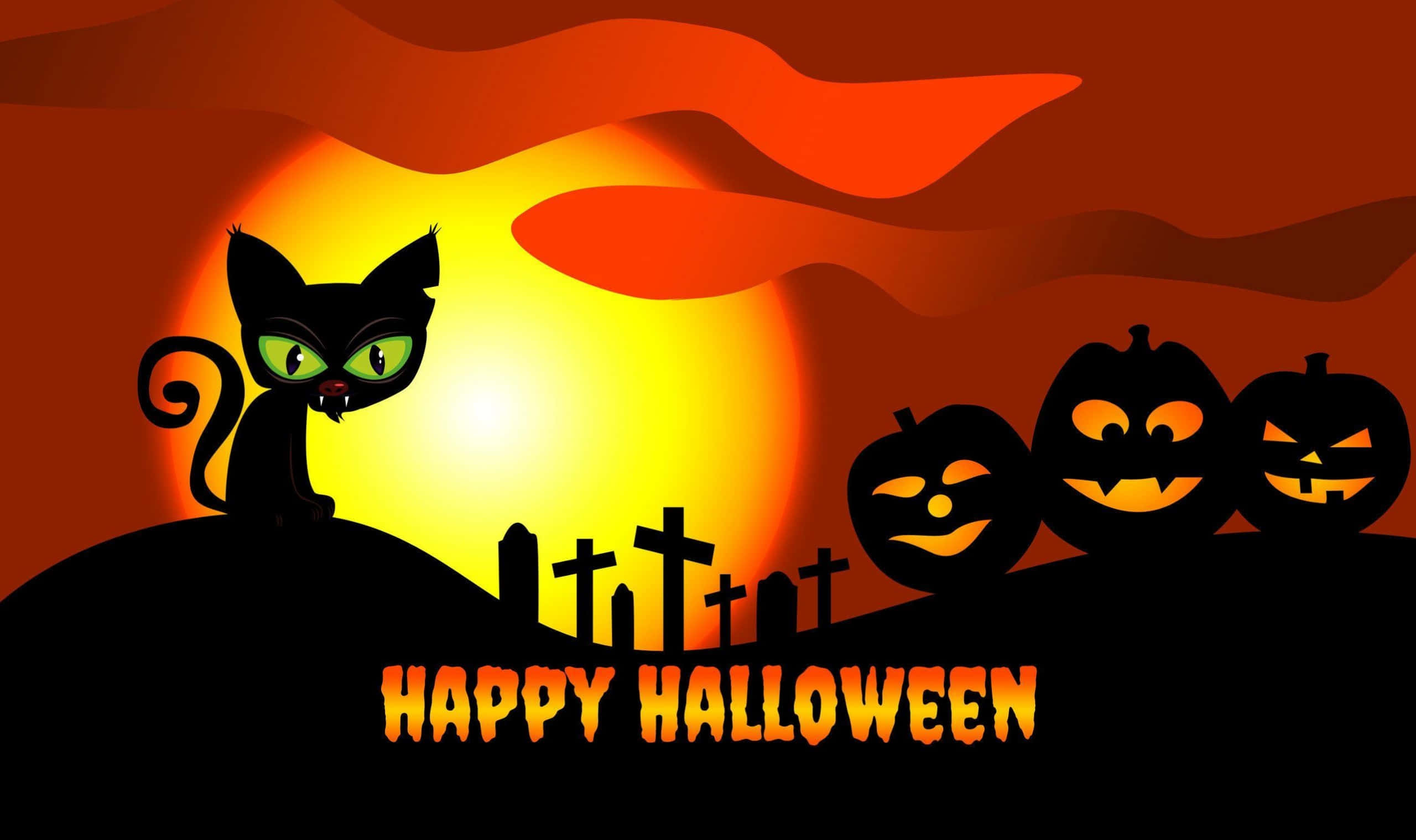 Gato caricatura de Halloween con calabazas en el cementerio Fondos de pantalla