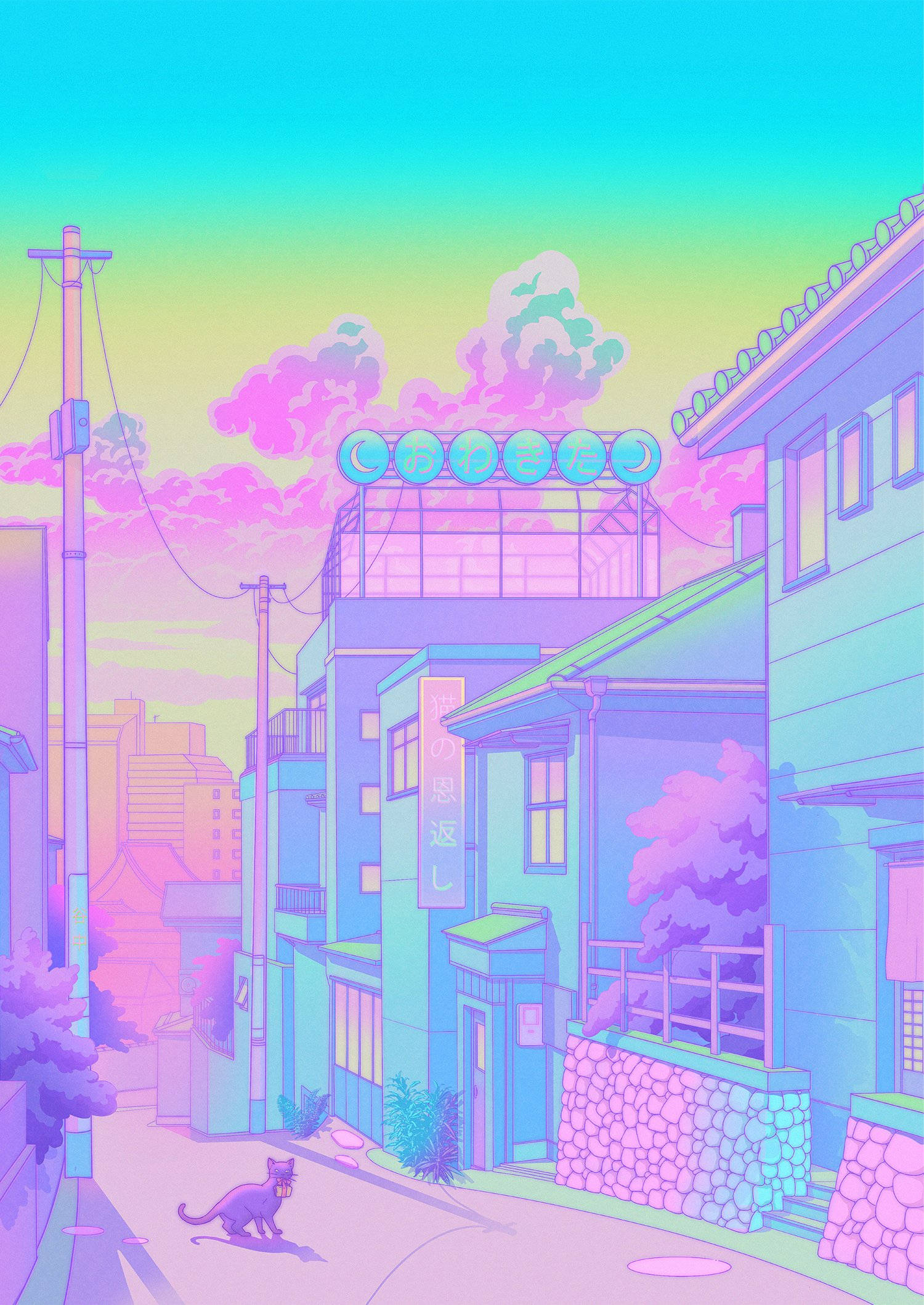 Gato del vecindario en una estética japonesa pastel Fondos de pantalla