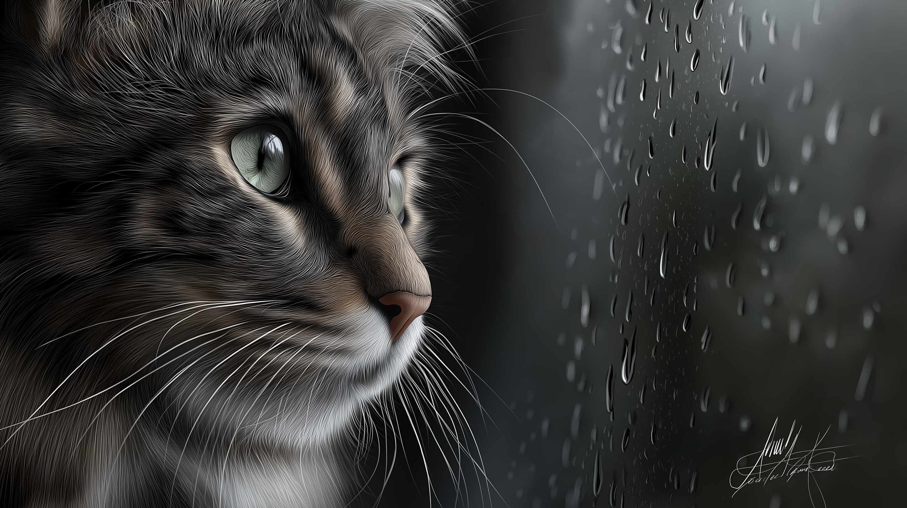 Gato esponjoso mirando por la ventana bajo la lluvia Fondos de pantalla
